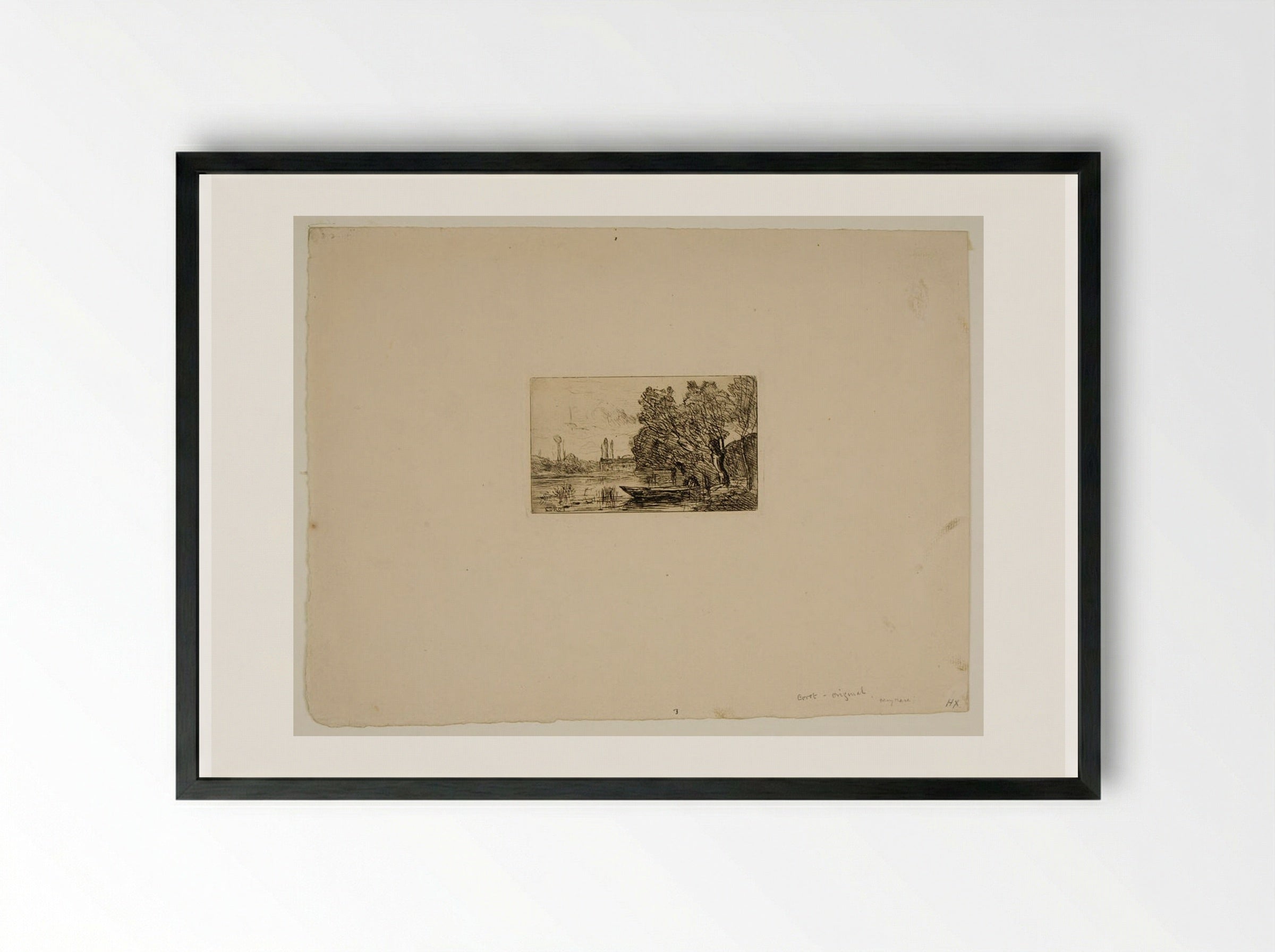 Village of Avray: Boat under the Willows - Jean-Baptiste-Camille Corot - Framed Print Black