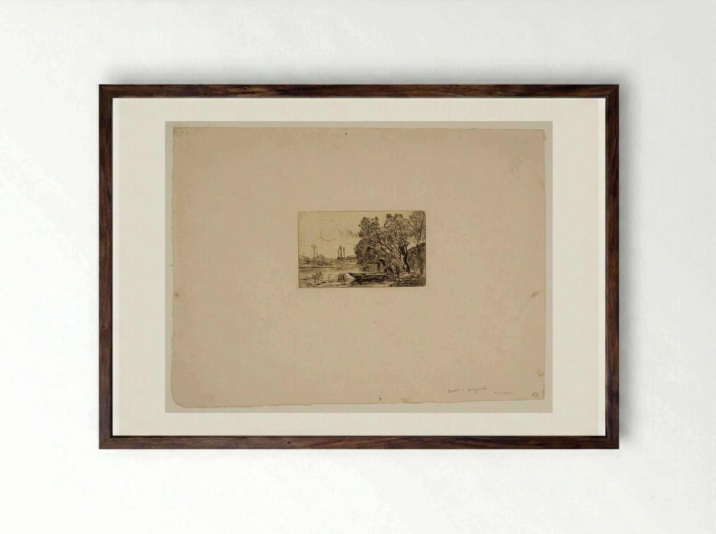 Village of Avray: Boat under the Willows - Jean-Baptiste-Camille Corot - Framed Print Dark Wood