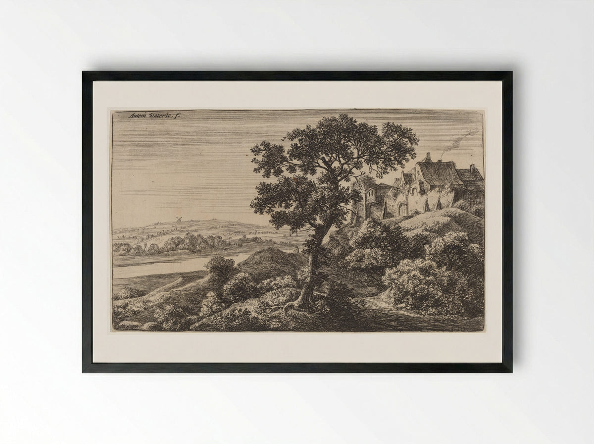 Village on the Hill - Anthonie Waterloo - Framed Print Black