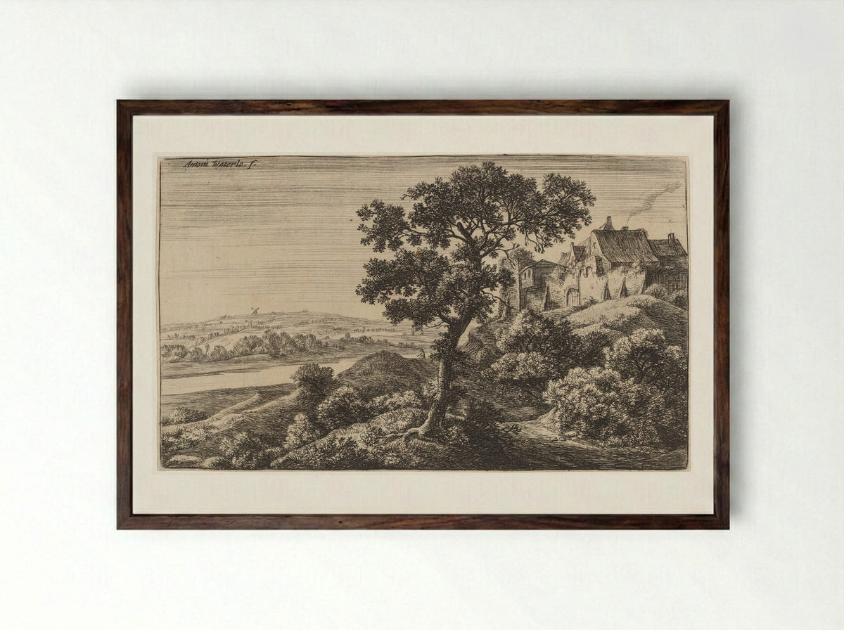 Village on the Hill - Anthonie Waterloo - Framed Print Dark Wood