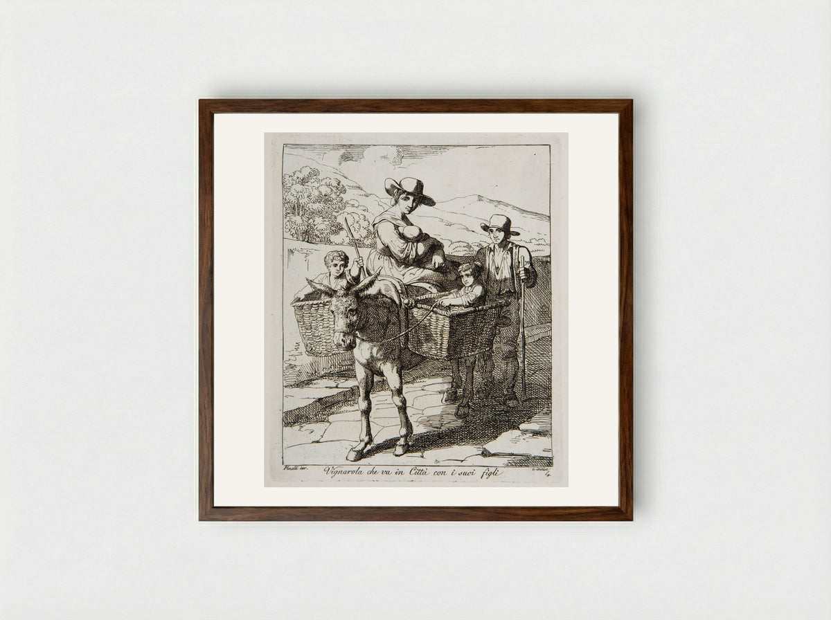 Vine-dresser Going to Town with the Children - Bartolomeo Pinelli - Framed Print Dark Wood