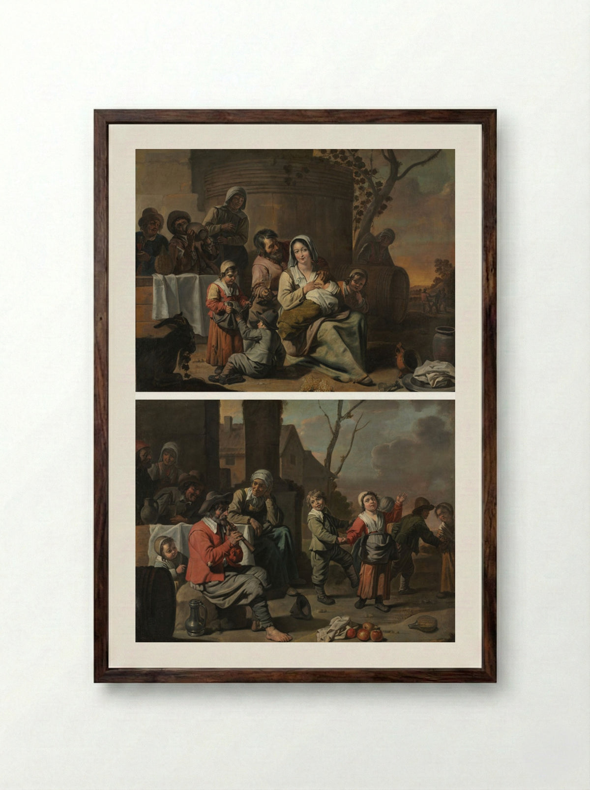 Vintage Scene and Peasant Children Dancing - Le Nain brothers - Framed Print Dark Wood