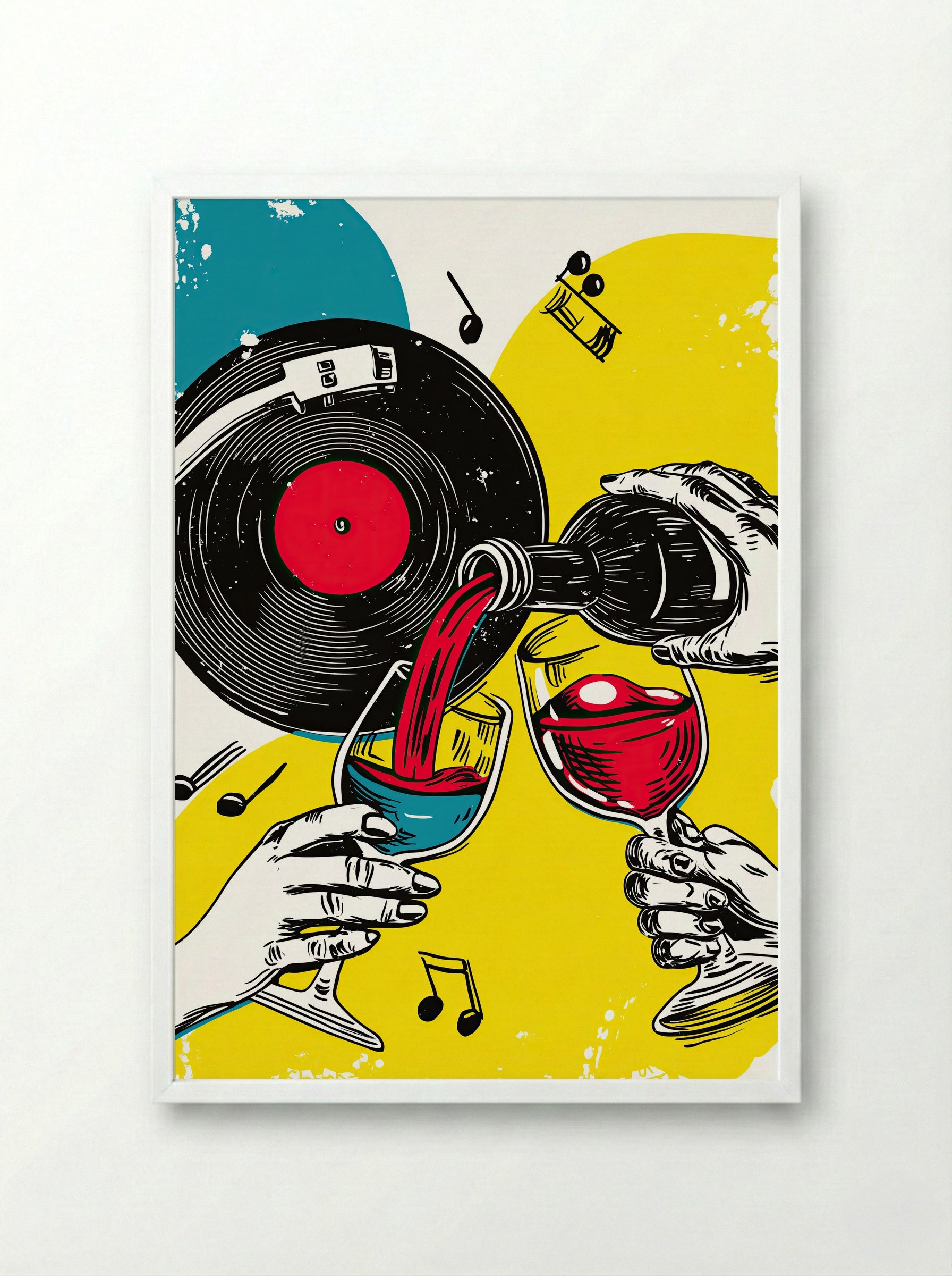 Vinyl and Vino – Bold Pop Art Wine and Music Print - Framed Print White