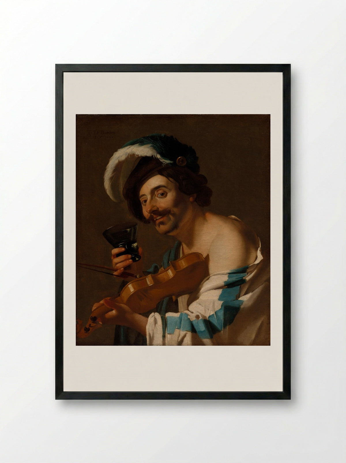 Violin Player with a Wine Glass - Dirck van Baburen - Framed Print Black