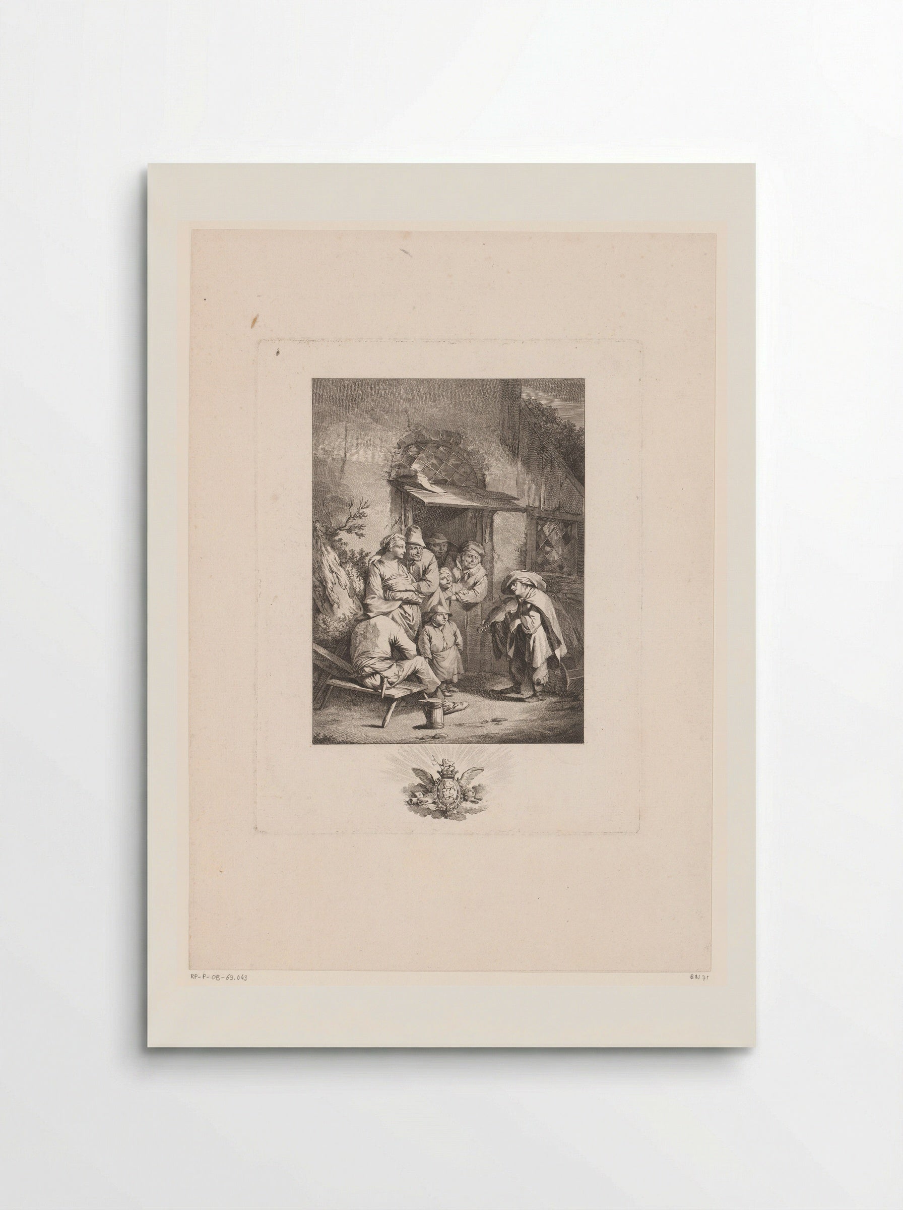 Vioolspelende muzikant voor een huis met luisterende figuren - Jacques-Philippe Le Bas - Poster