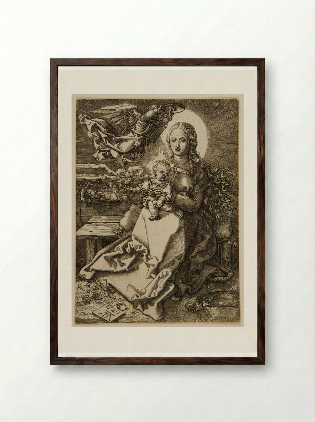 Virgin Crowned by One Angel - Hieronymus Wierix - Framed Print Dark Wood