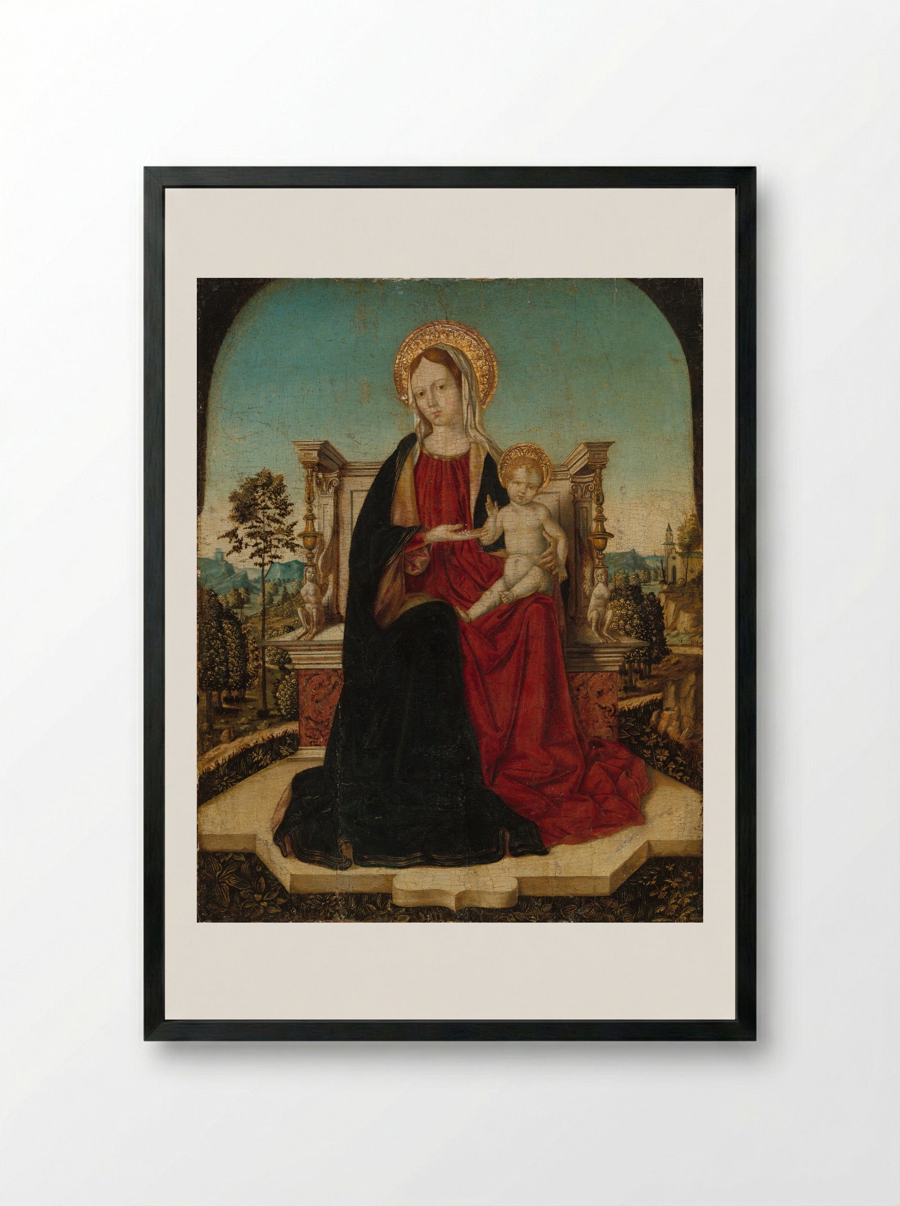 Virgin and Child Enthroned in a Landscape - Jacobello di Antonello - Framed Print Black