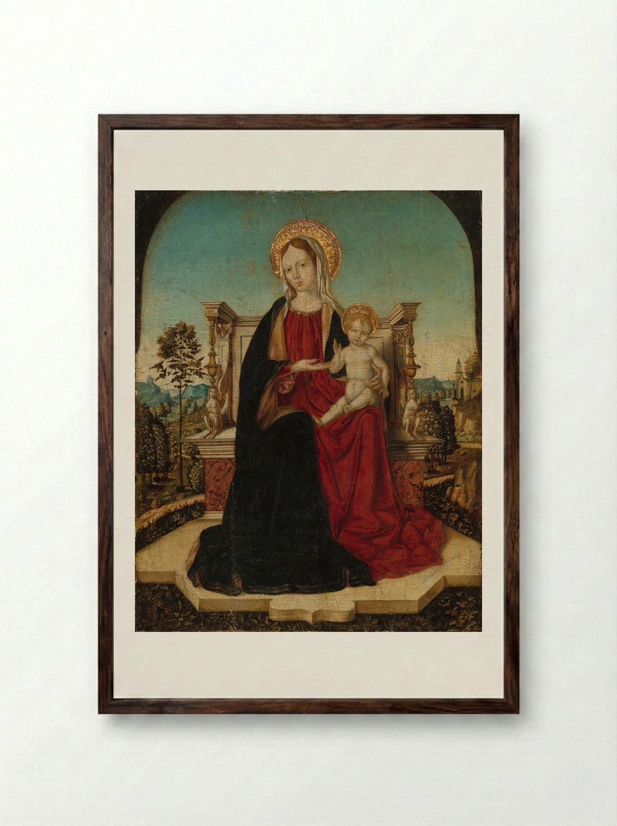 Virgin and Child Enthroned in a Landscape - Jacobello di Antonello - Framed Print Dark Wood