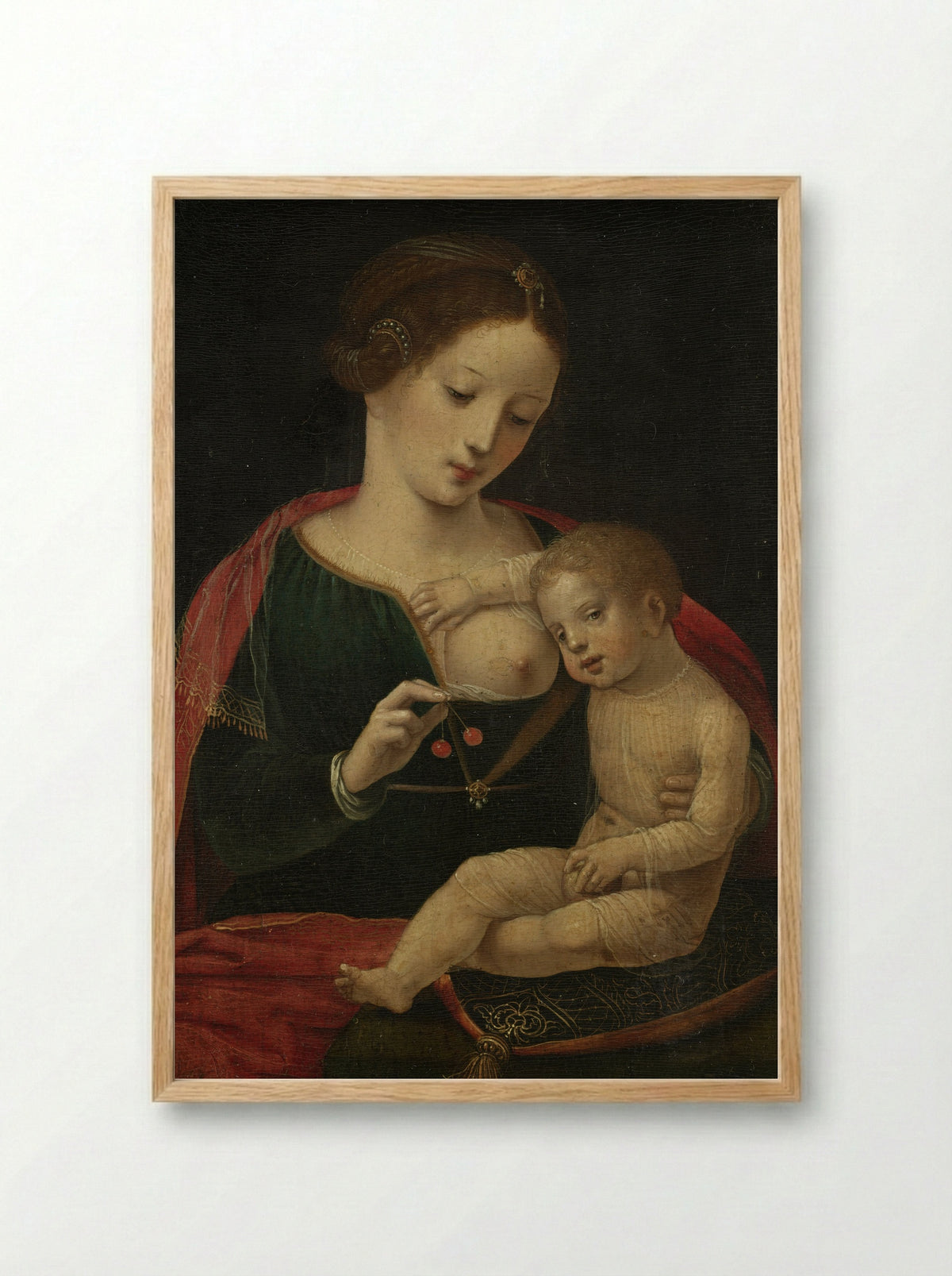 Virgin and Child with Cherries - Master of the Female Half-Lengths - Framed Print Wood