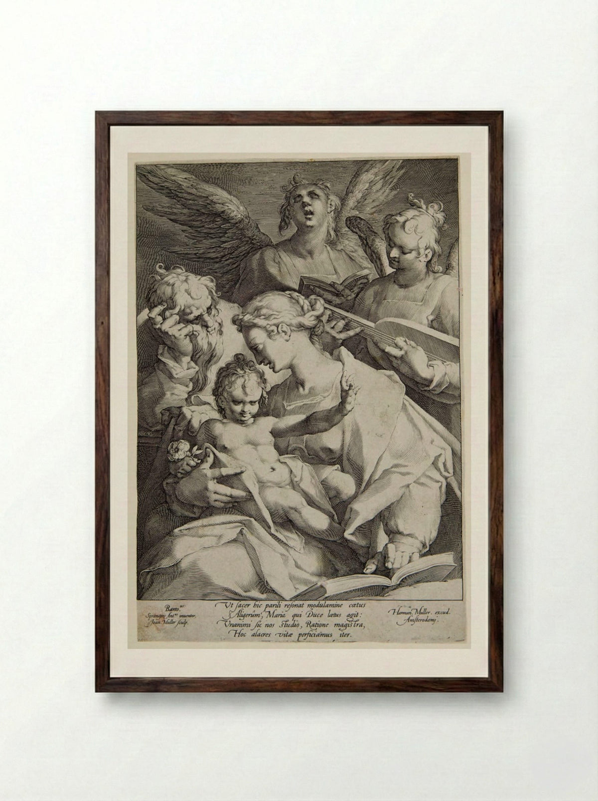 Virgin and Child with Joseph and Two Music-Making Angels - Jan Harmensz. Muller - Framed Print Dark Wood