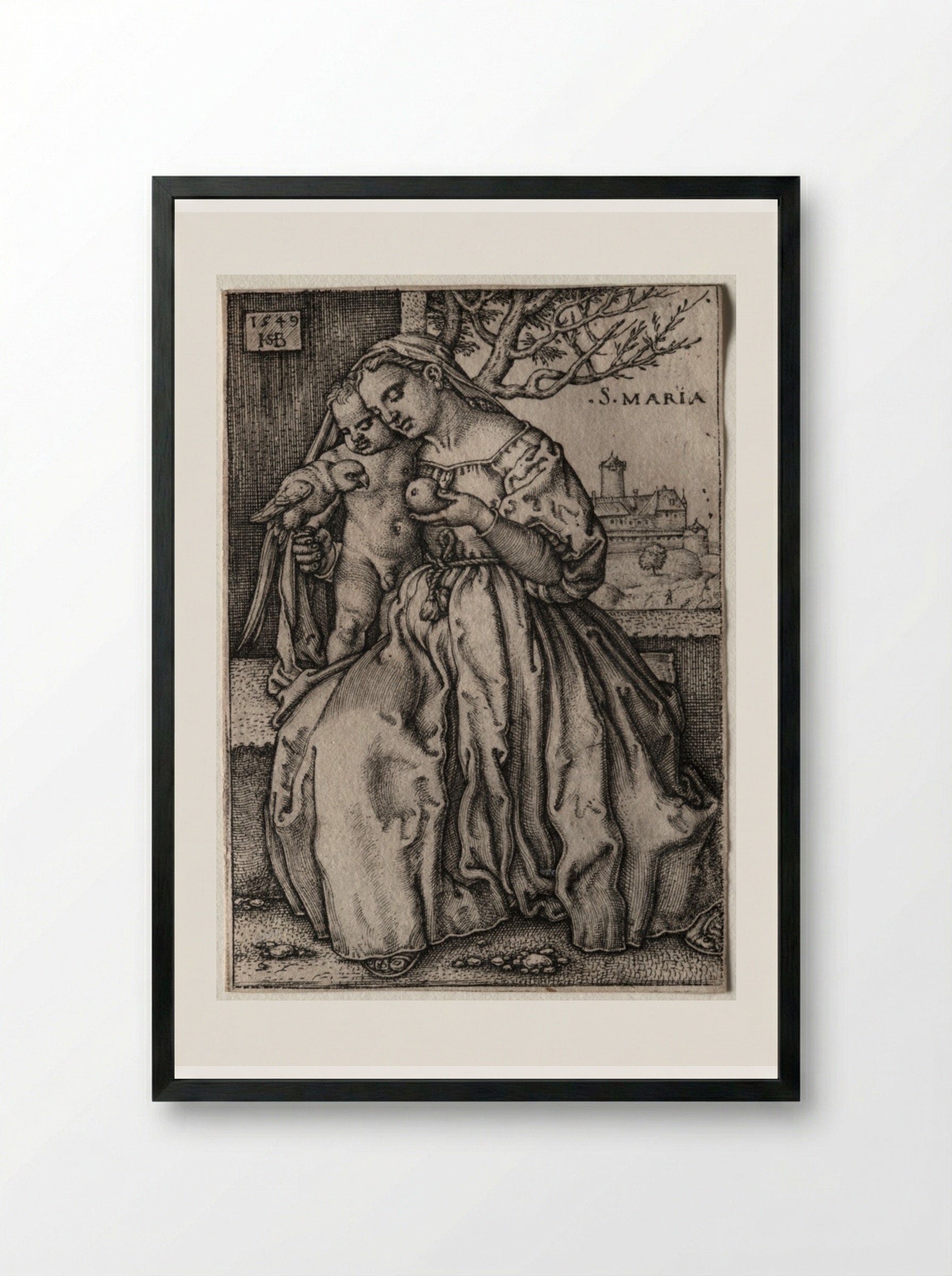 Virgin and Child with Parrot - Hans Sebald Beham - Framed Print Black