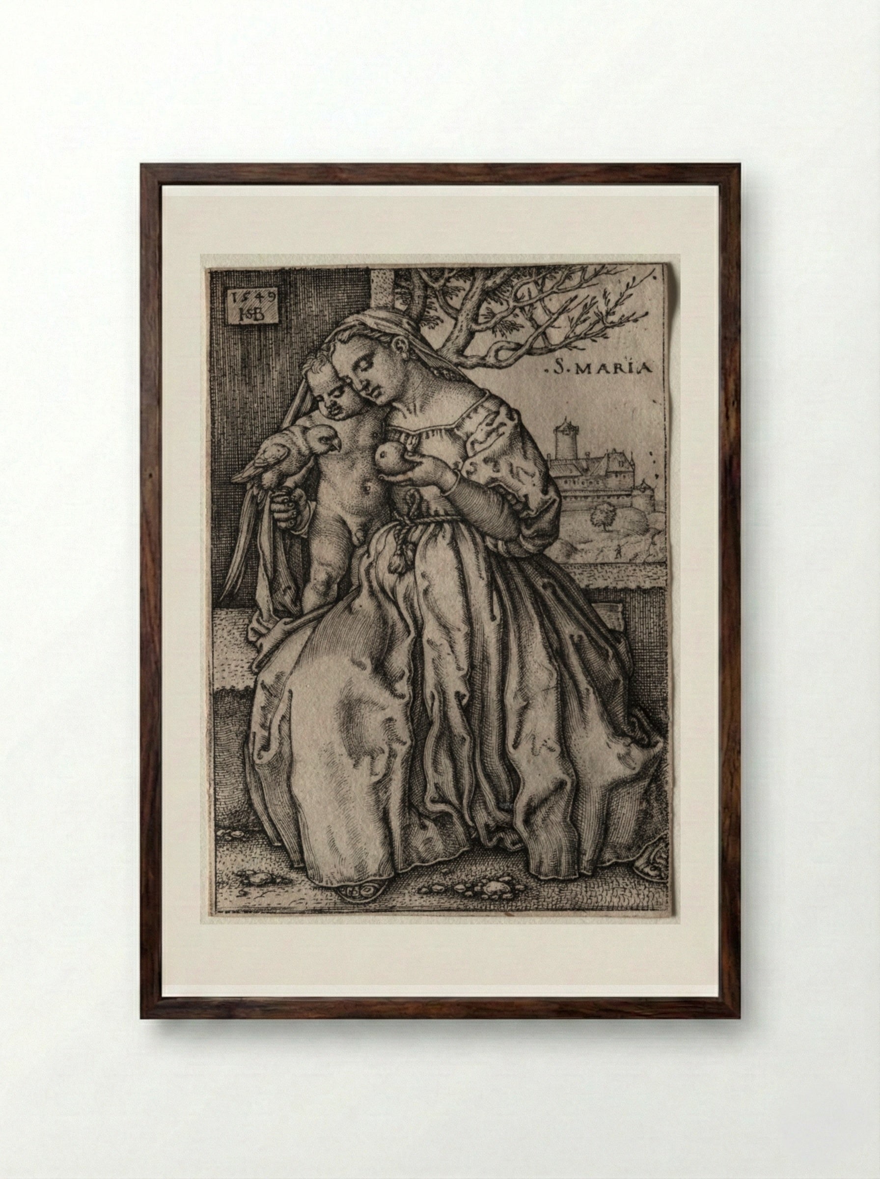 Virgin and Child with Parrot - Hans Sebald Beham - Framed Print Dark Wood