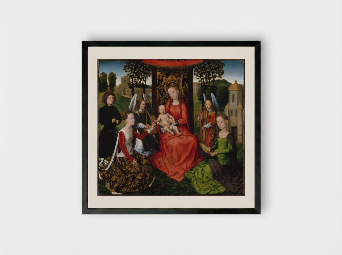 Virgin and Child with Saints Catherine of Alexandria and Barbara - Hans Memling - Framed Print Black