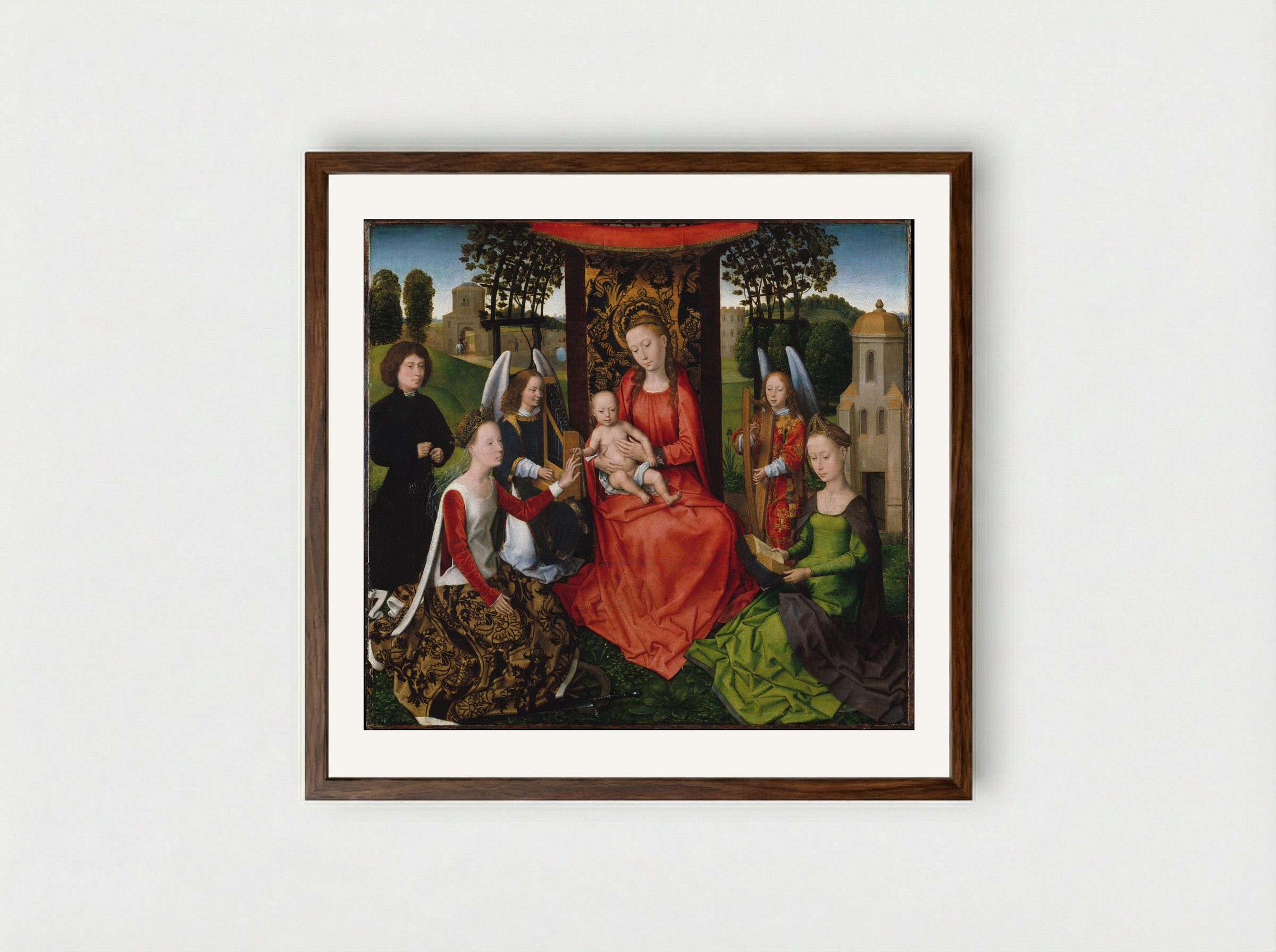 Virgin and Child with Saints Catherine of Alexandria and Barbara - Hans Memling - Framed Print Dark Wood