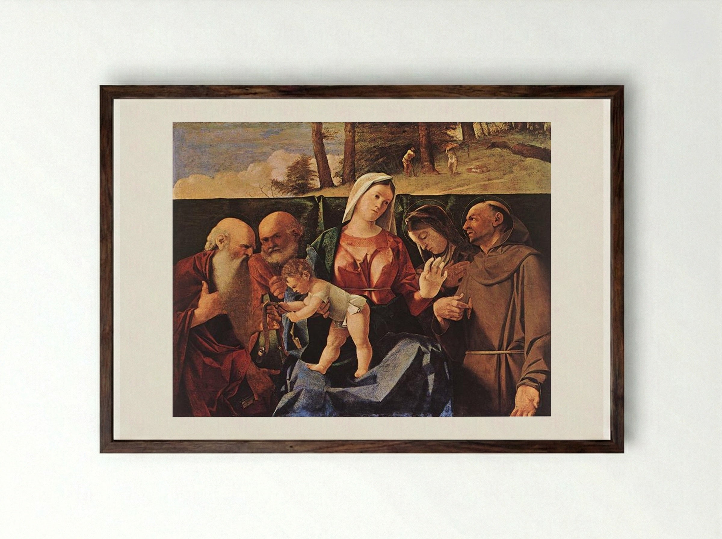 Virgin and Child with Saints Jerome, Peter, Clare and Francis - Lorenzo Lotto - Framed Print Dark Wood