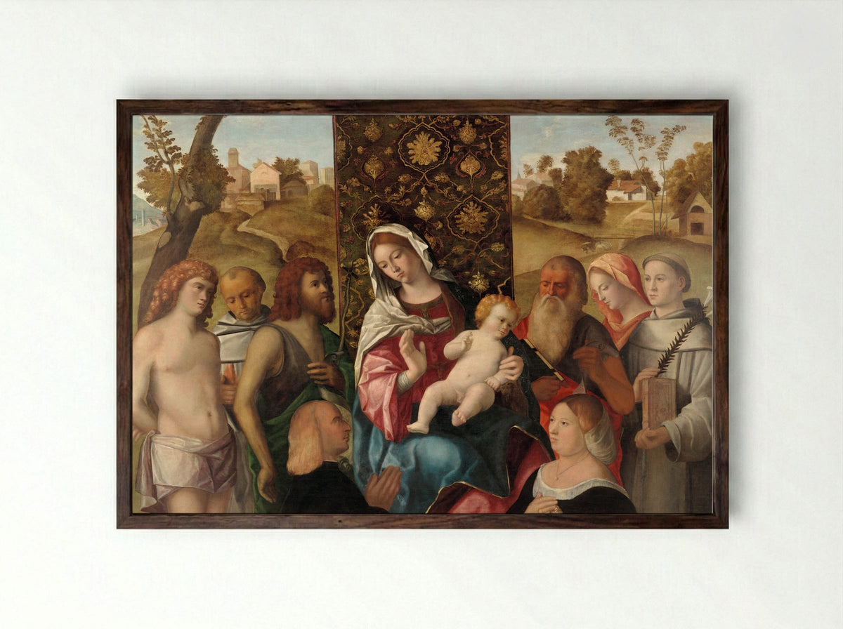 Virgin and Child with Saints and Donors - Giovanni Bellini - Framed Print Dark Wood