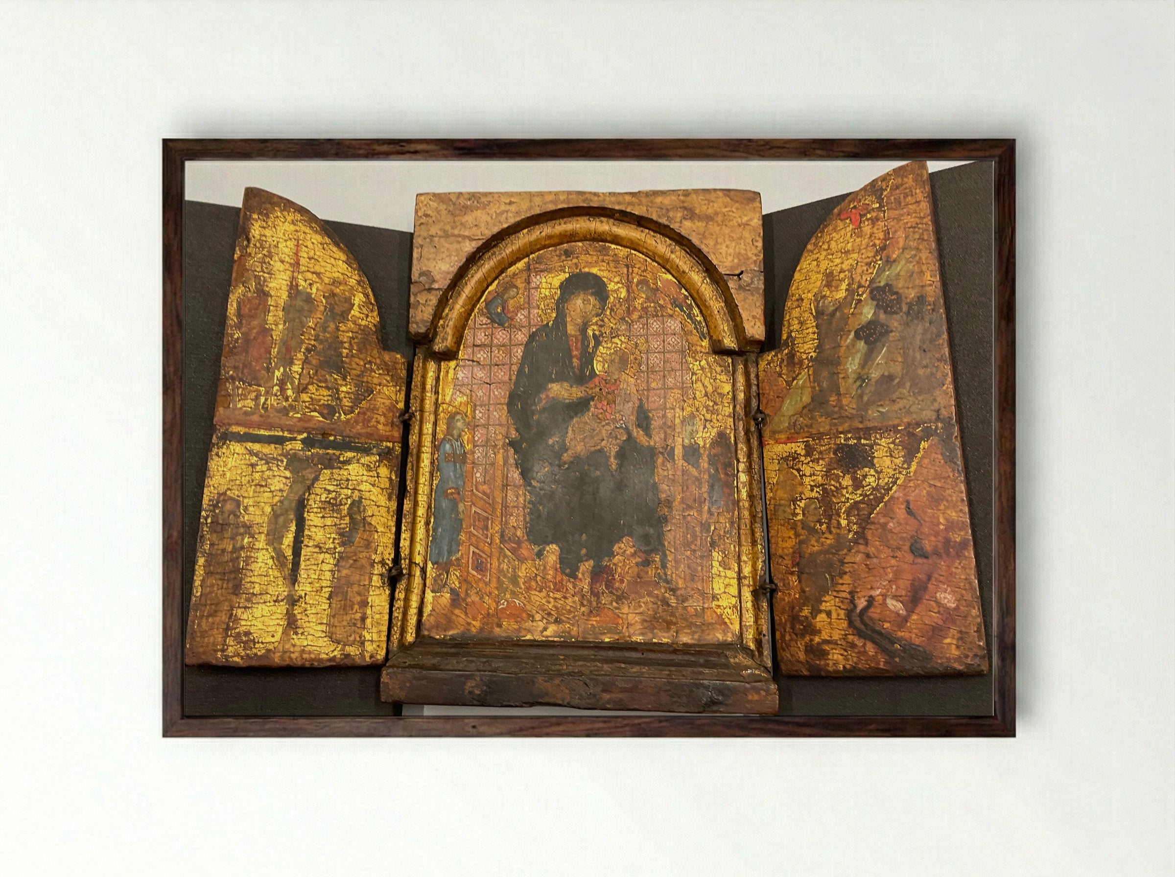 Virgin and Child, with Scenes from the Lives of Christ and Saint Francis - Duccio di Buoninsegna - Framed Print Dark Wood
