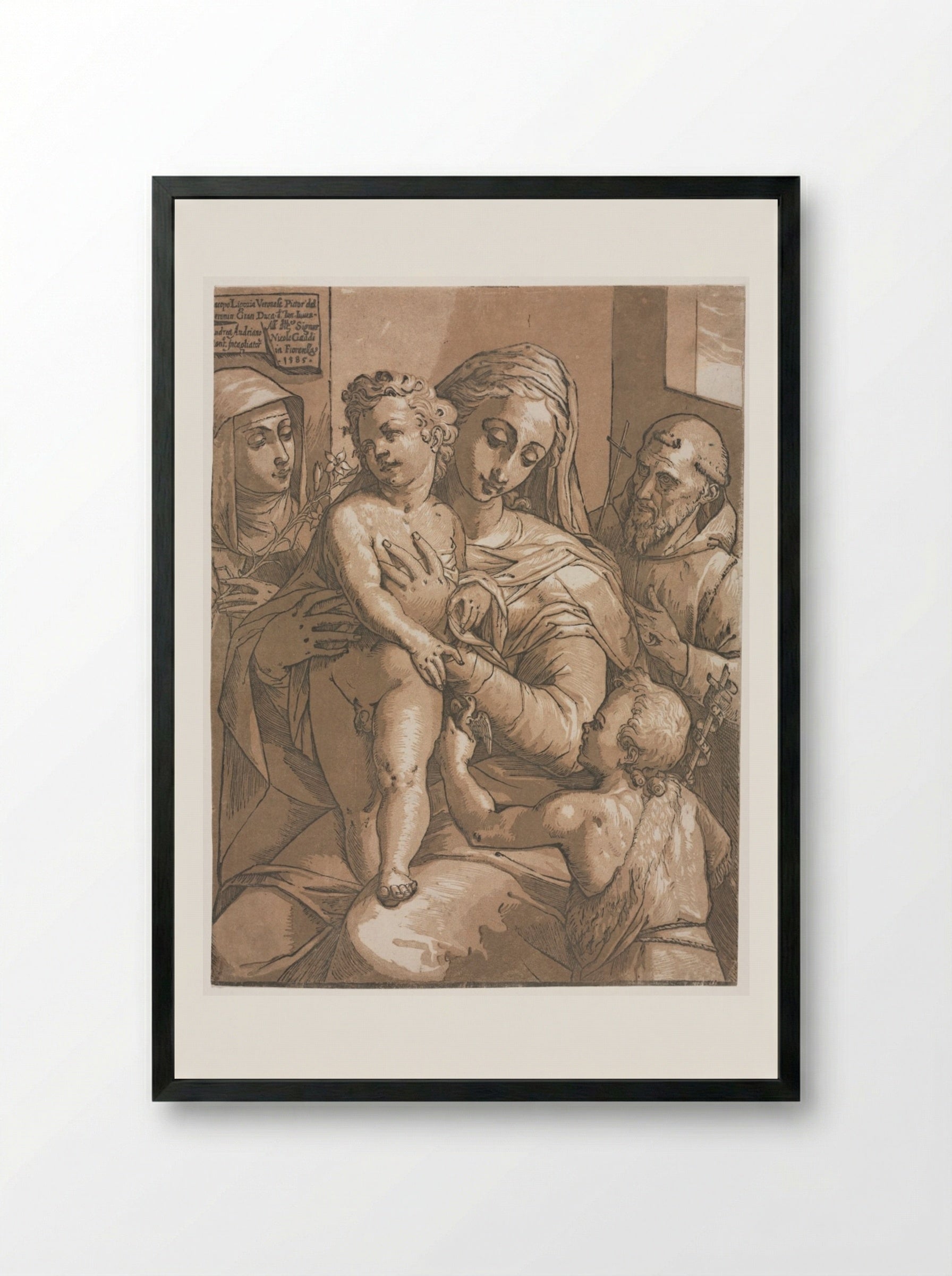 Virgin and Child with St. John, St. Catherine of Siena and St. Francis - Andrea Andreani - Framed Print Black