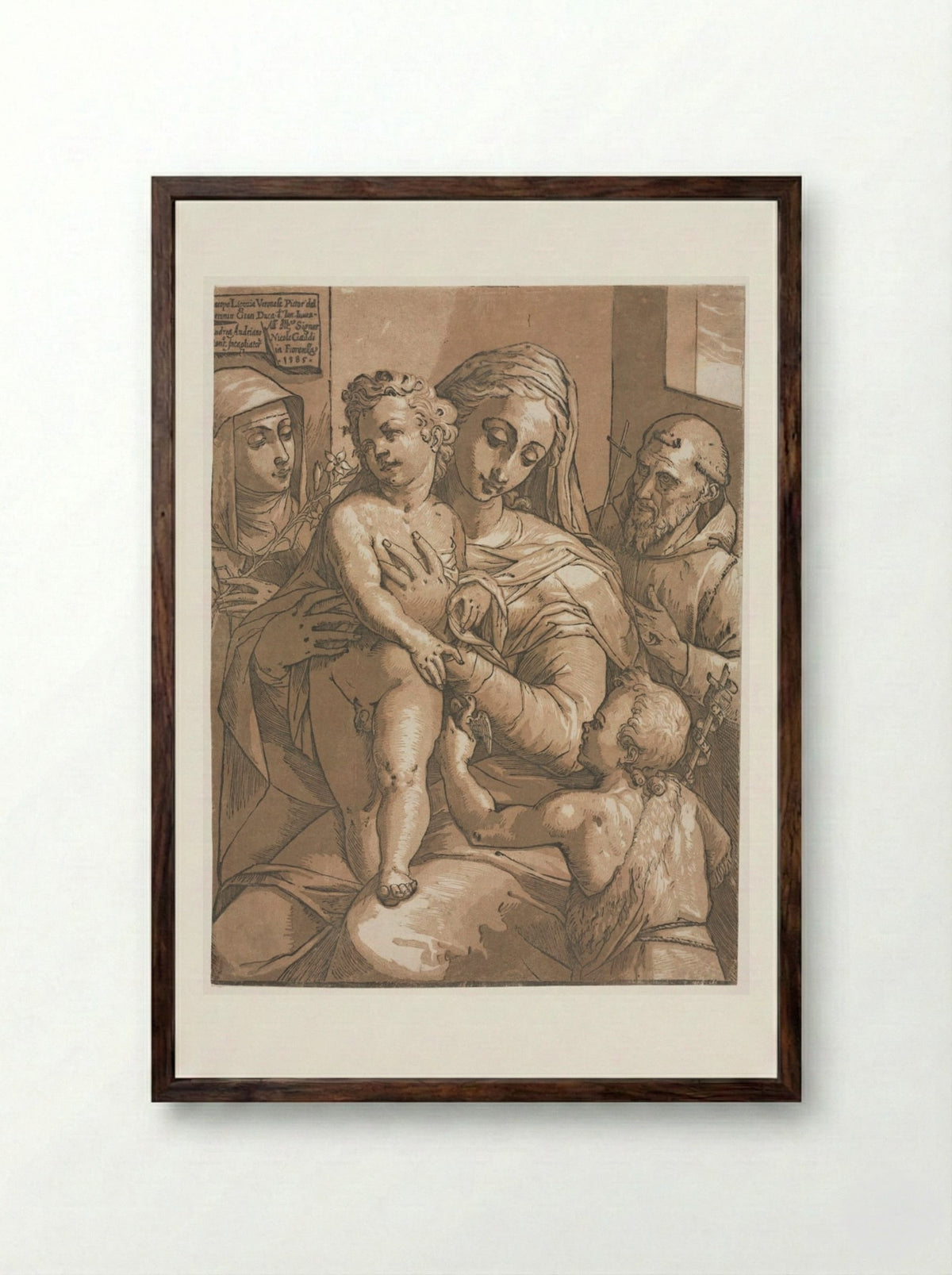 Virgin and Child with St. John, St. Catherine of Siena and St. Francis - Andrea Andreani - Framed Print Dark Wood