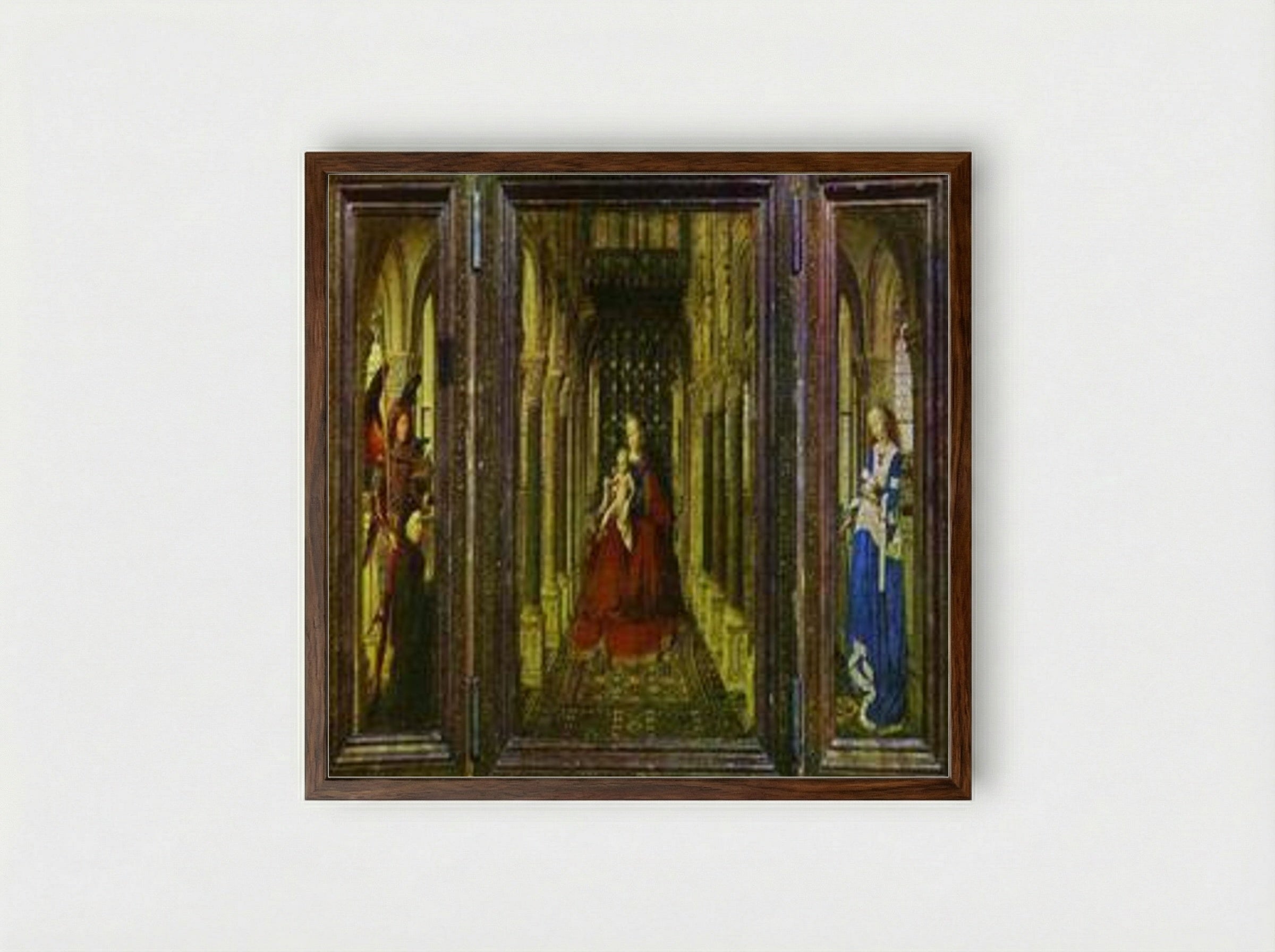 Virgin and Child with St. Michael, St. Catherine and a Donor - Jan van Eyck - Framed Print Dark Wood