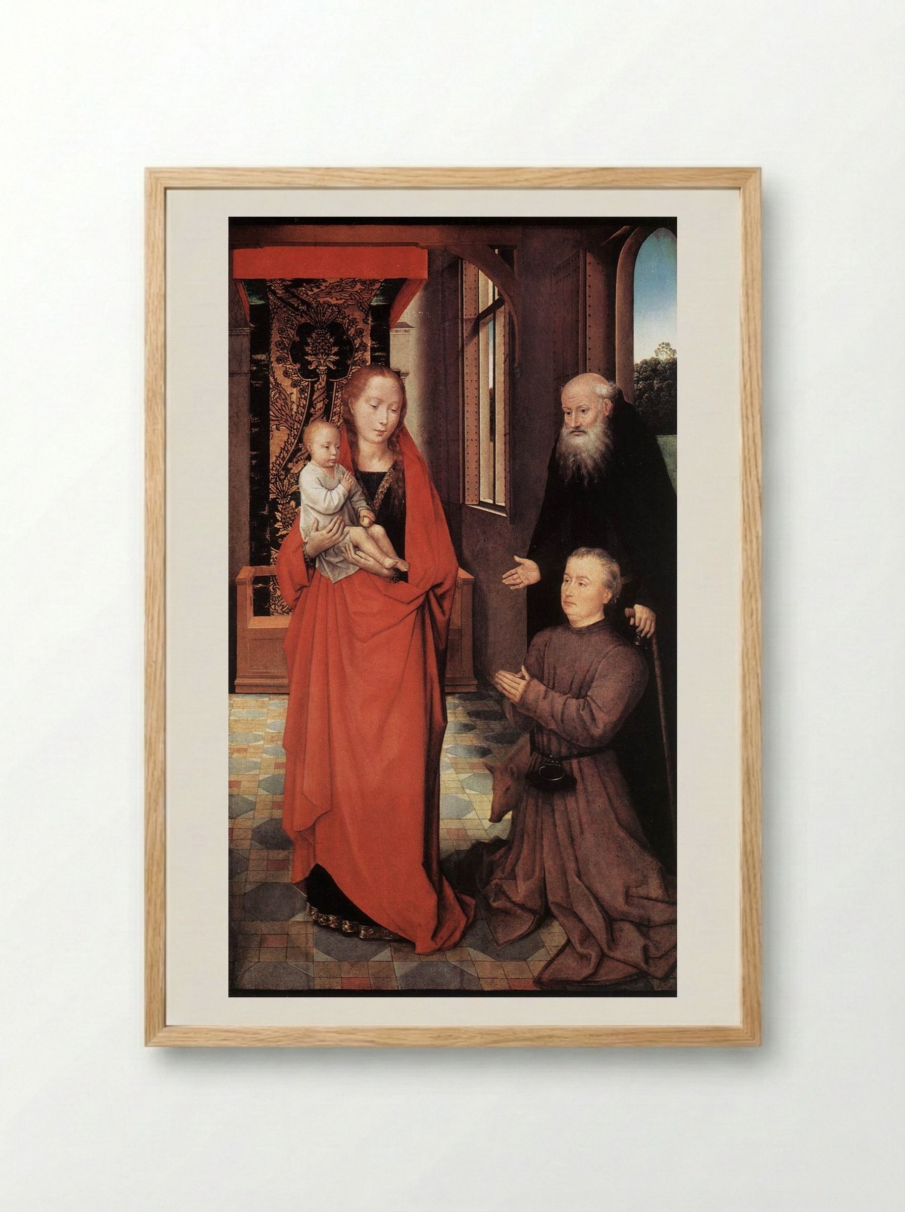 Virgin and Child with St. Anthony the Abbot and a Donor - Hans Memling - Framed Print Wood