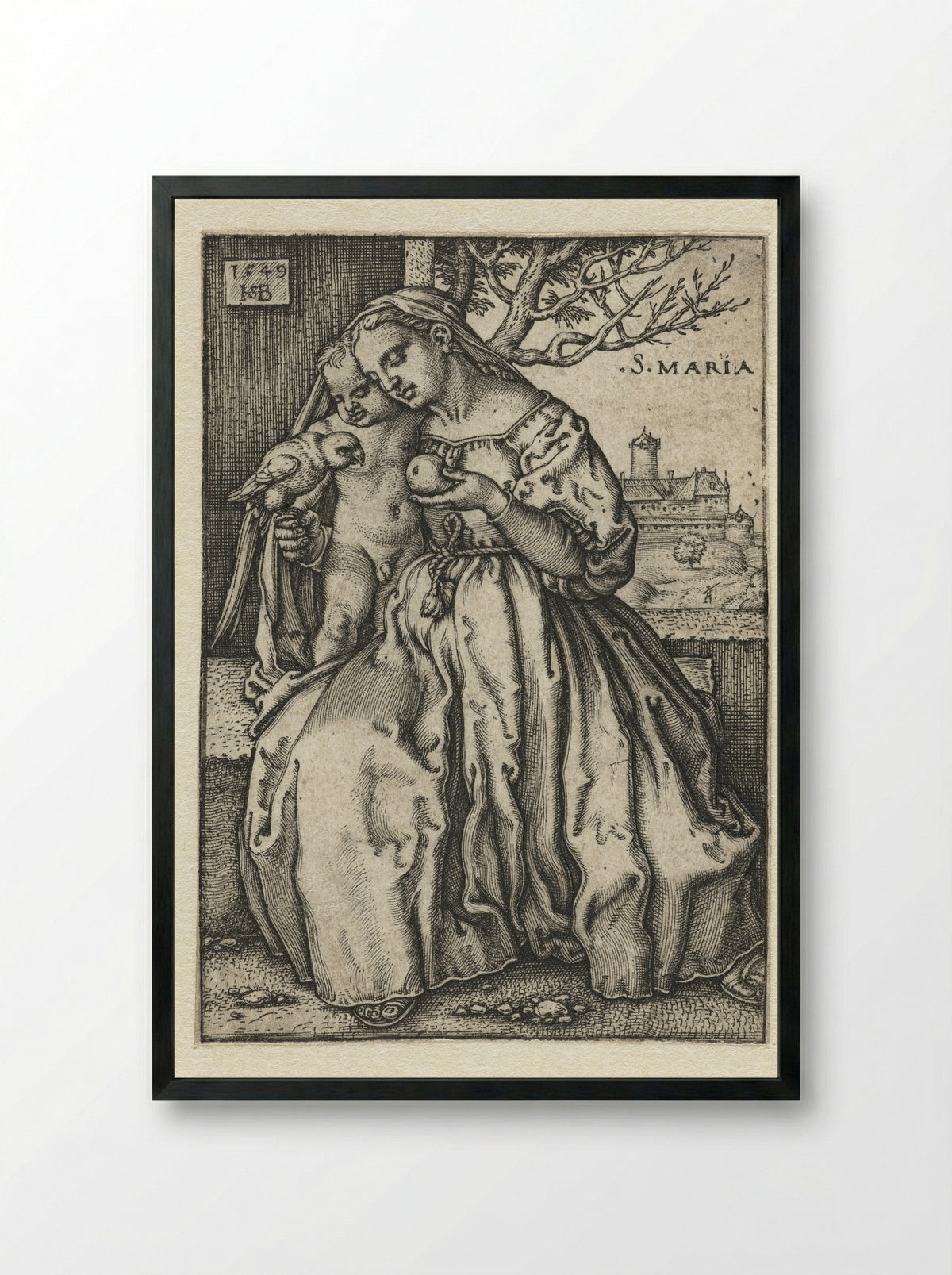 Virgin and Child with a Parrot and a Pear - Hans Sebald Beham - Framed Print Black