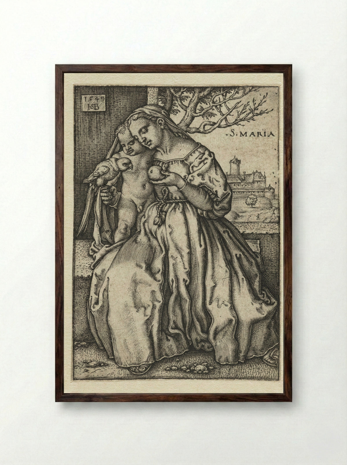 Virgin and Child with a Parrot and a Pear - Hans Sebald Beham - Framed Print Dark Wood