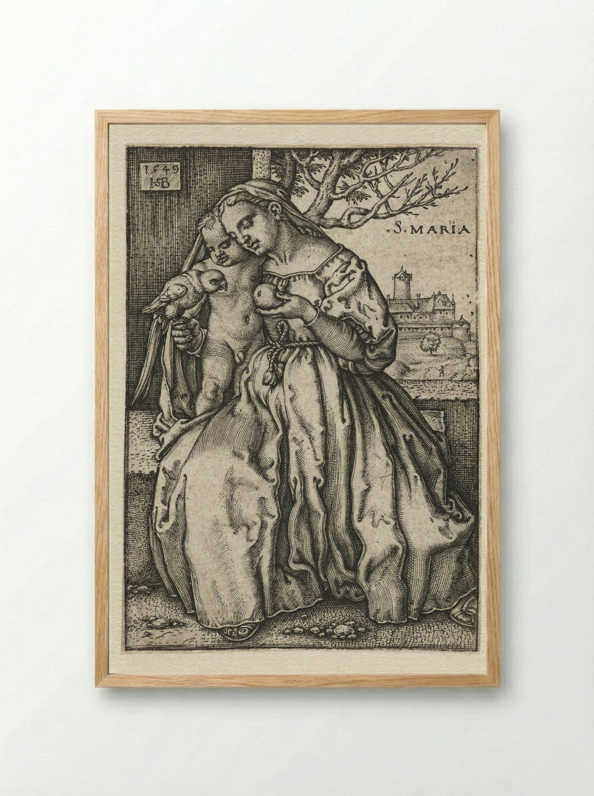 Virgin and Child with a Parrot and a Pear - Hans Sebald Beham - Framed Print Wood