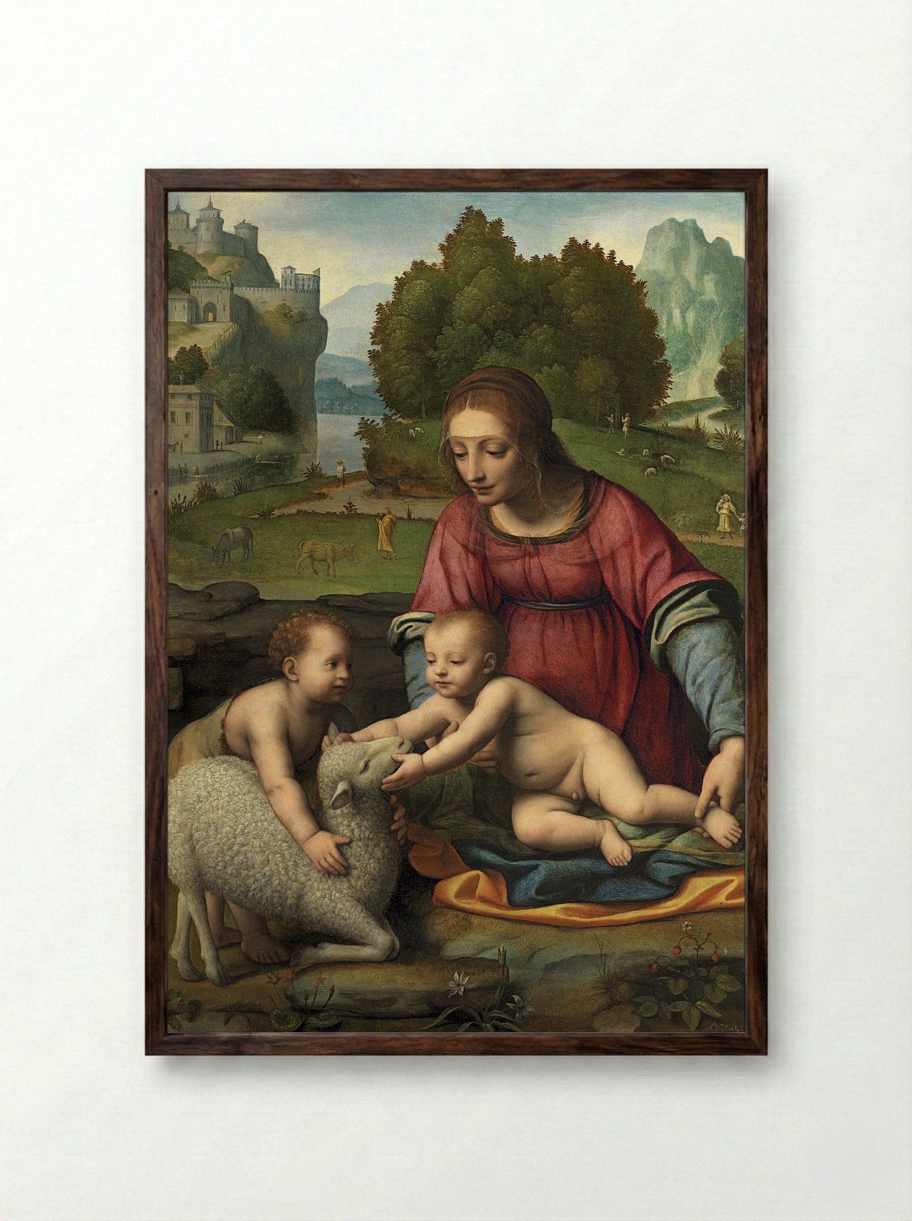 Virgin and Child with the Infant Saint John the Baptist - Bernardino Luini - Framed Print Dark Wood