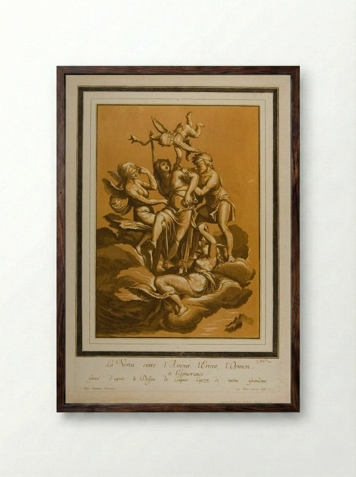 Virtue between Love, Error, Opinion, and Ignorance - Maria Catharina Prestel - Framed Print Dark Wood