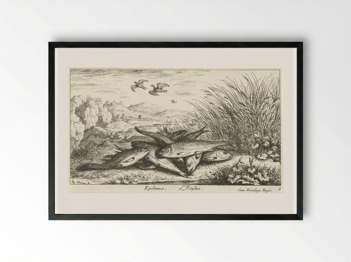 Vissen op een rivieroever (Fishing on a Riverbank) - Jacques van Merlen - Framed Print Black