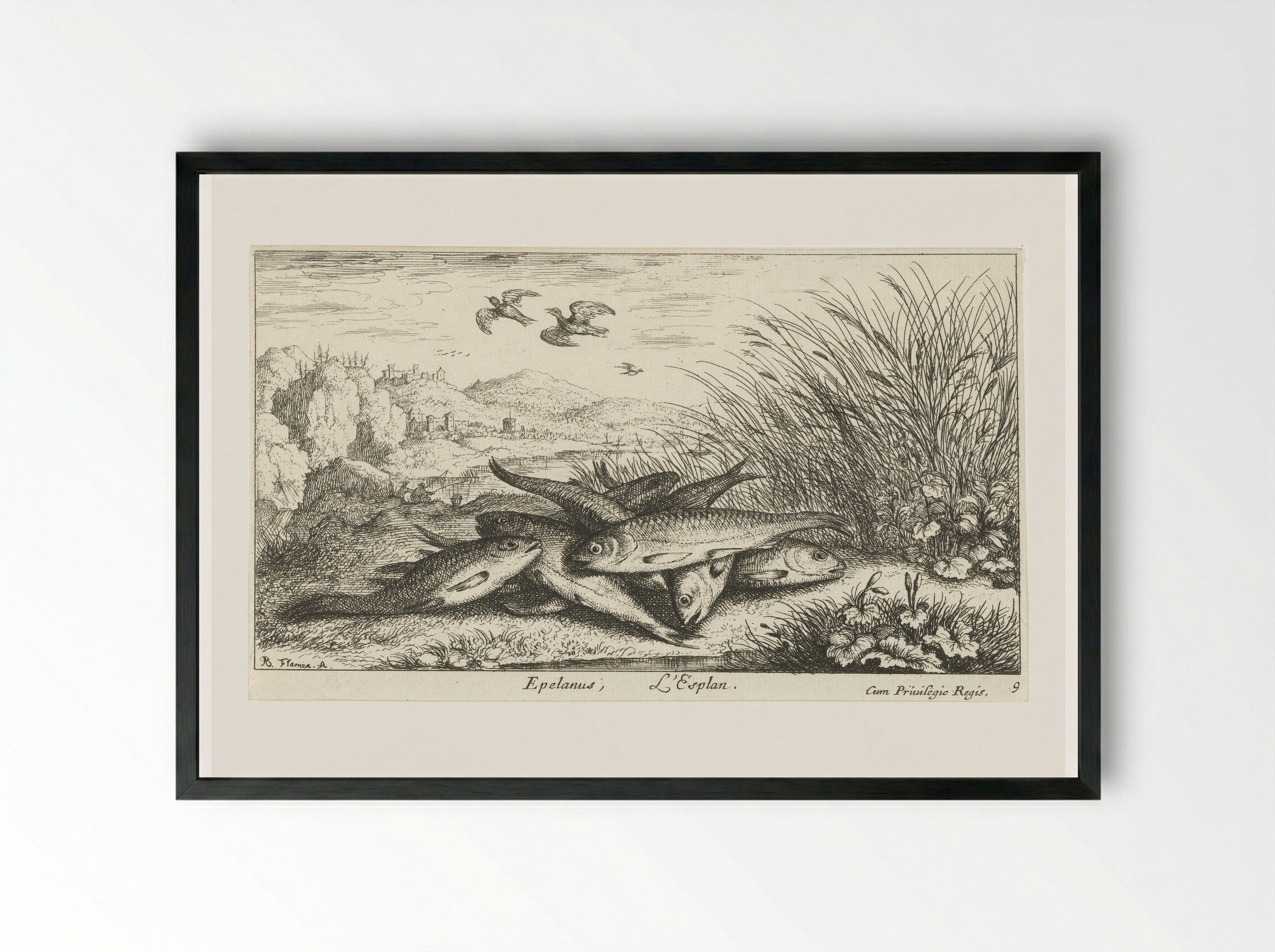 Vissen op een rivieroever (Fishing on a Riverbank) - Jacques van Merlen - Framed Print Black