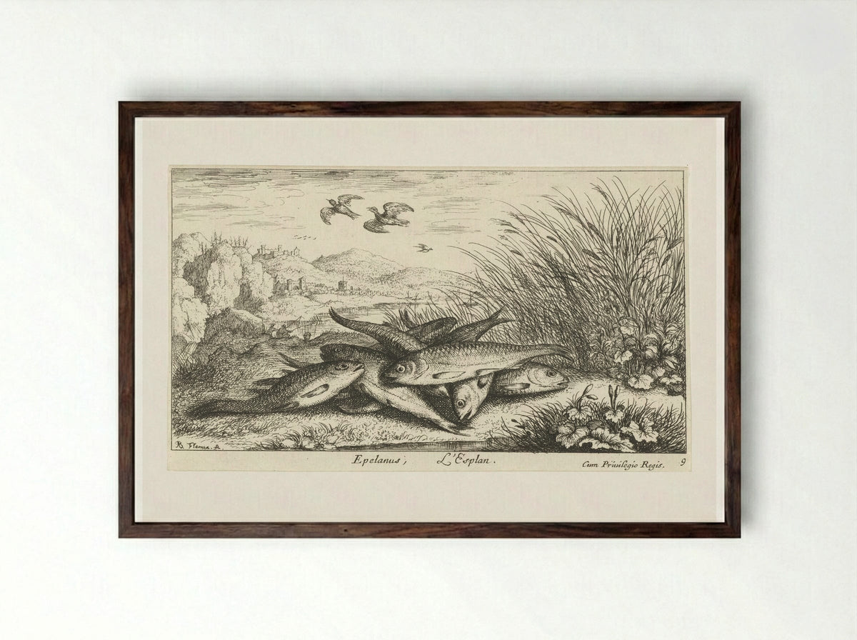 Vissen op een rivieroever (Fishing on a Riverbank) - Jacques van Merlen - Framed Print Dark Wood