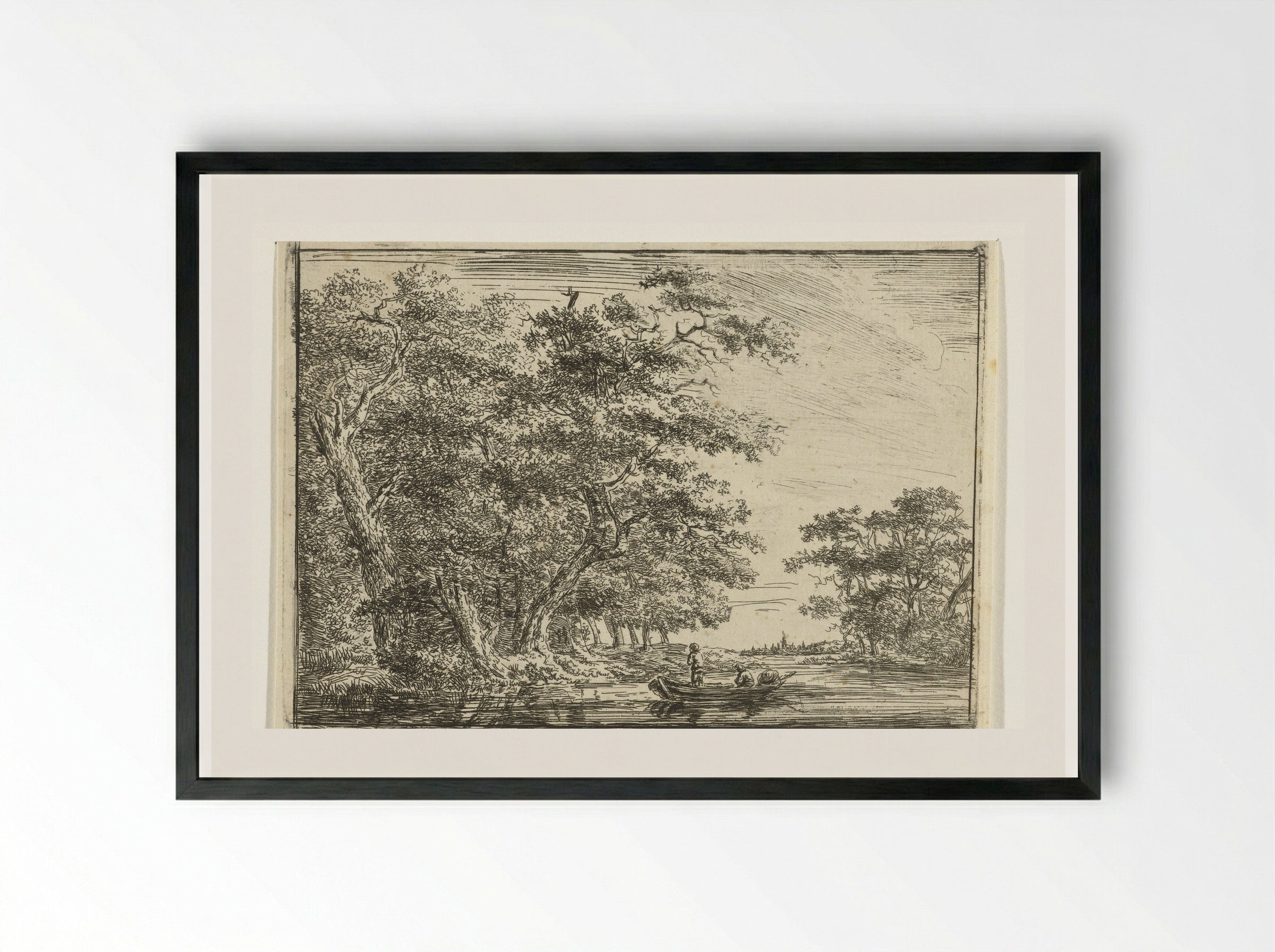Vissers in bootje aan bosrijke oever - Hermanus van Brussel - Framed Print Black