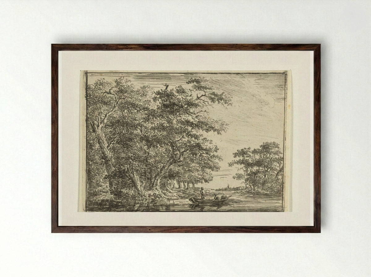 Vissers in bootje aan bosrijke oever - Hermanus van Brussel - Framed Print Dark Wood
