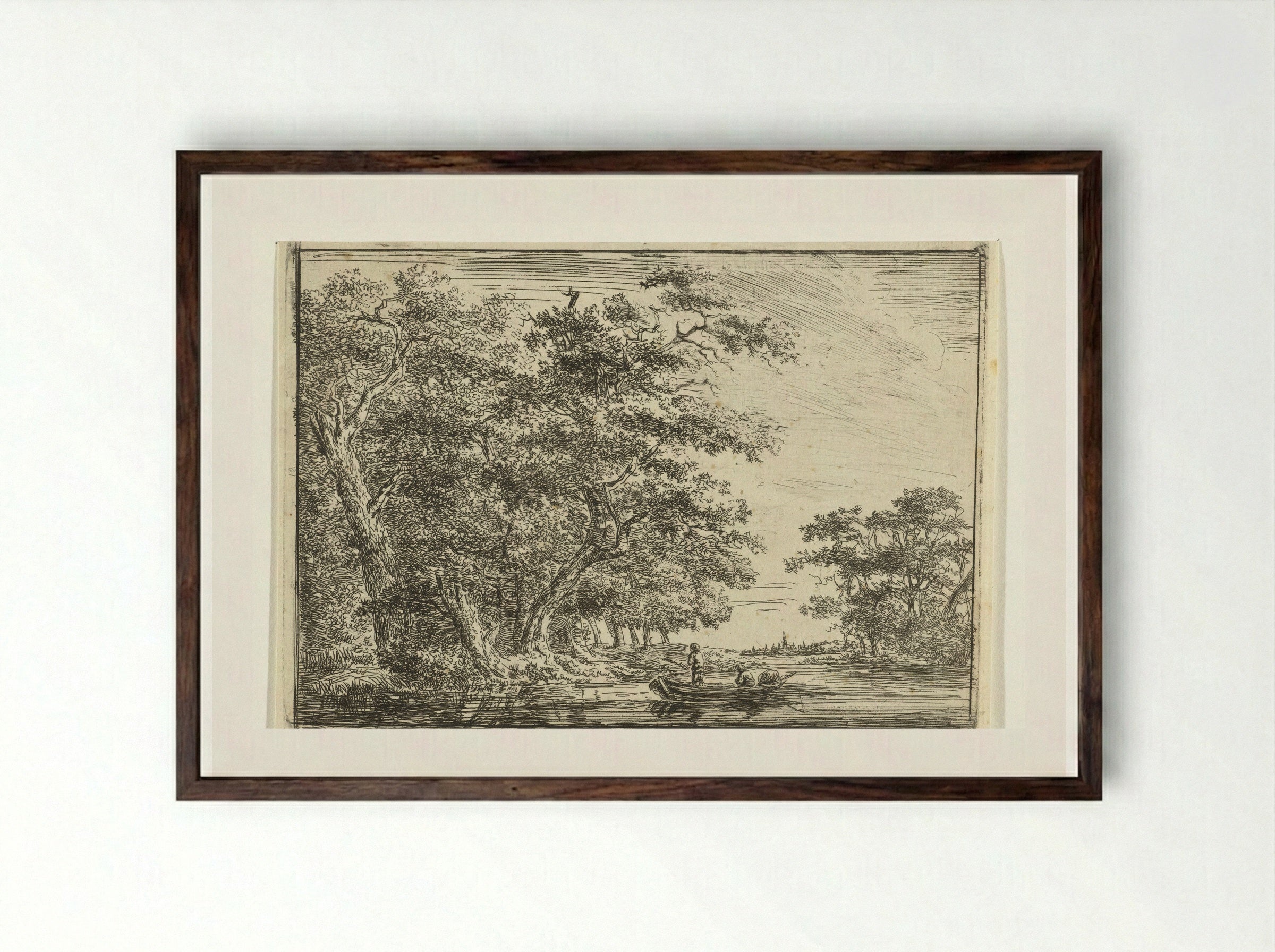 Vissers in bootje aan bosrijke oever - Hermanus van Brussel - Framed Print Dark Wood