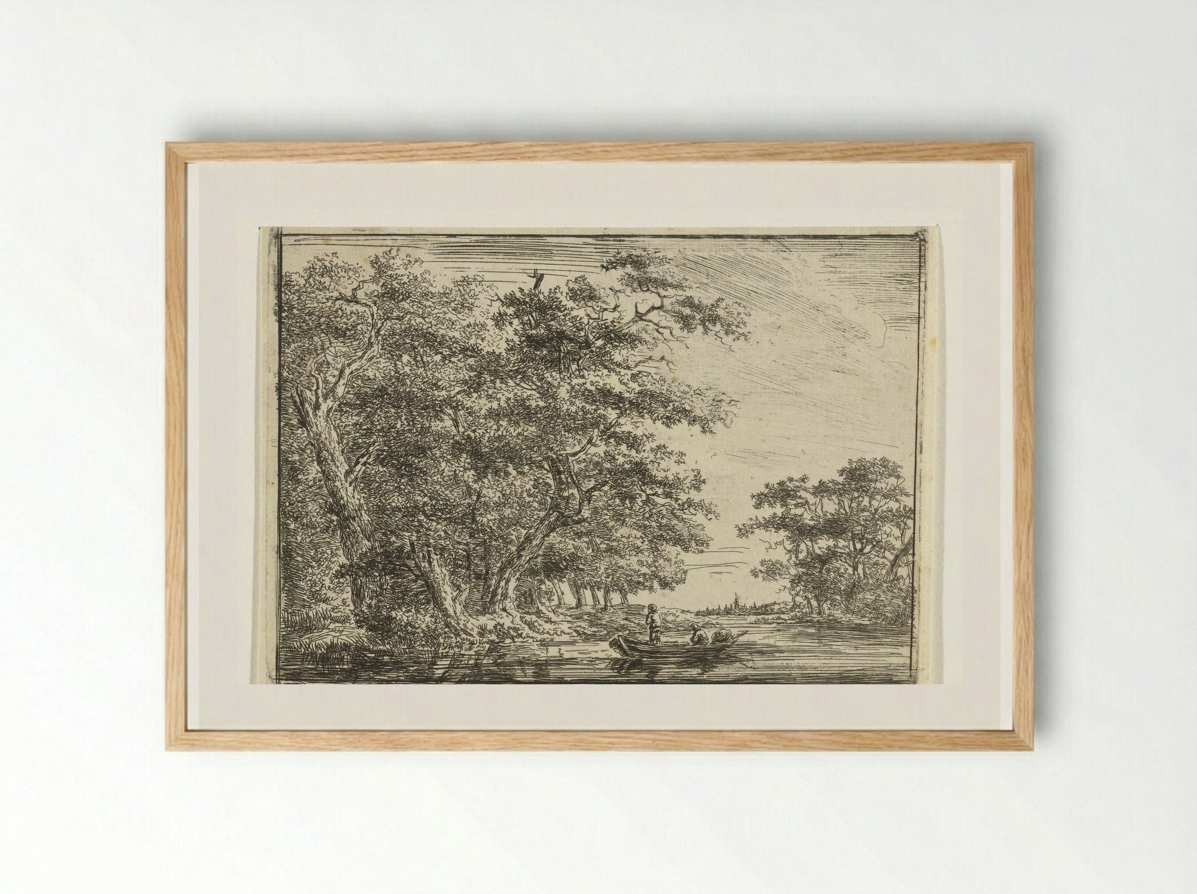 Vissers in bootje aan bosrijke oever - Hermanus van Brussel - Framed Print Wood