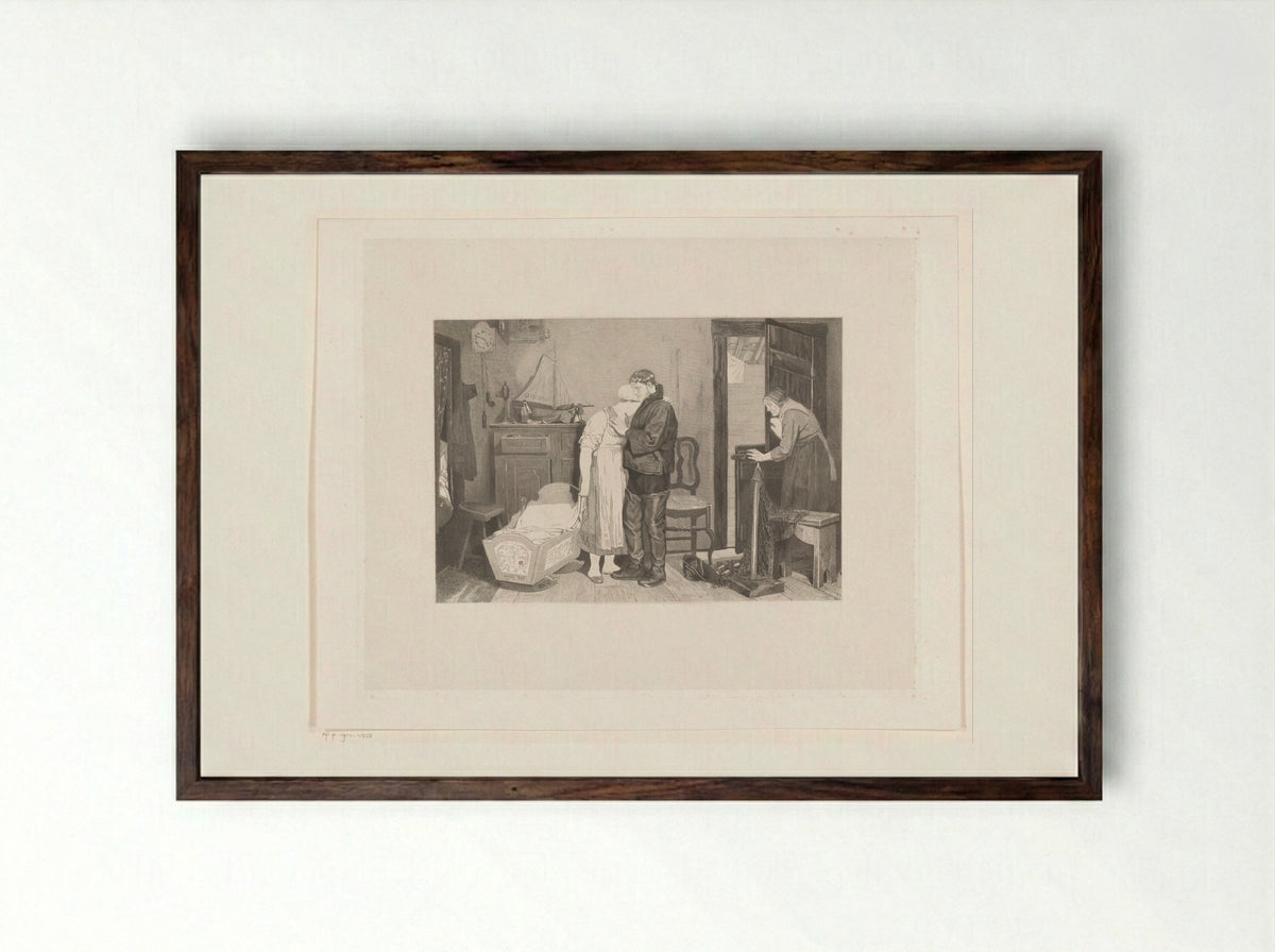 Vissersinterieur met treurend koppel bij een lege wieg - François de Meersman - Framed Print Dark Wood