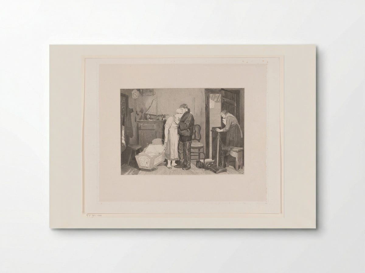 Vissersinterieur met treurend koppel bij een lege wieg - François de Meersman - Poster