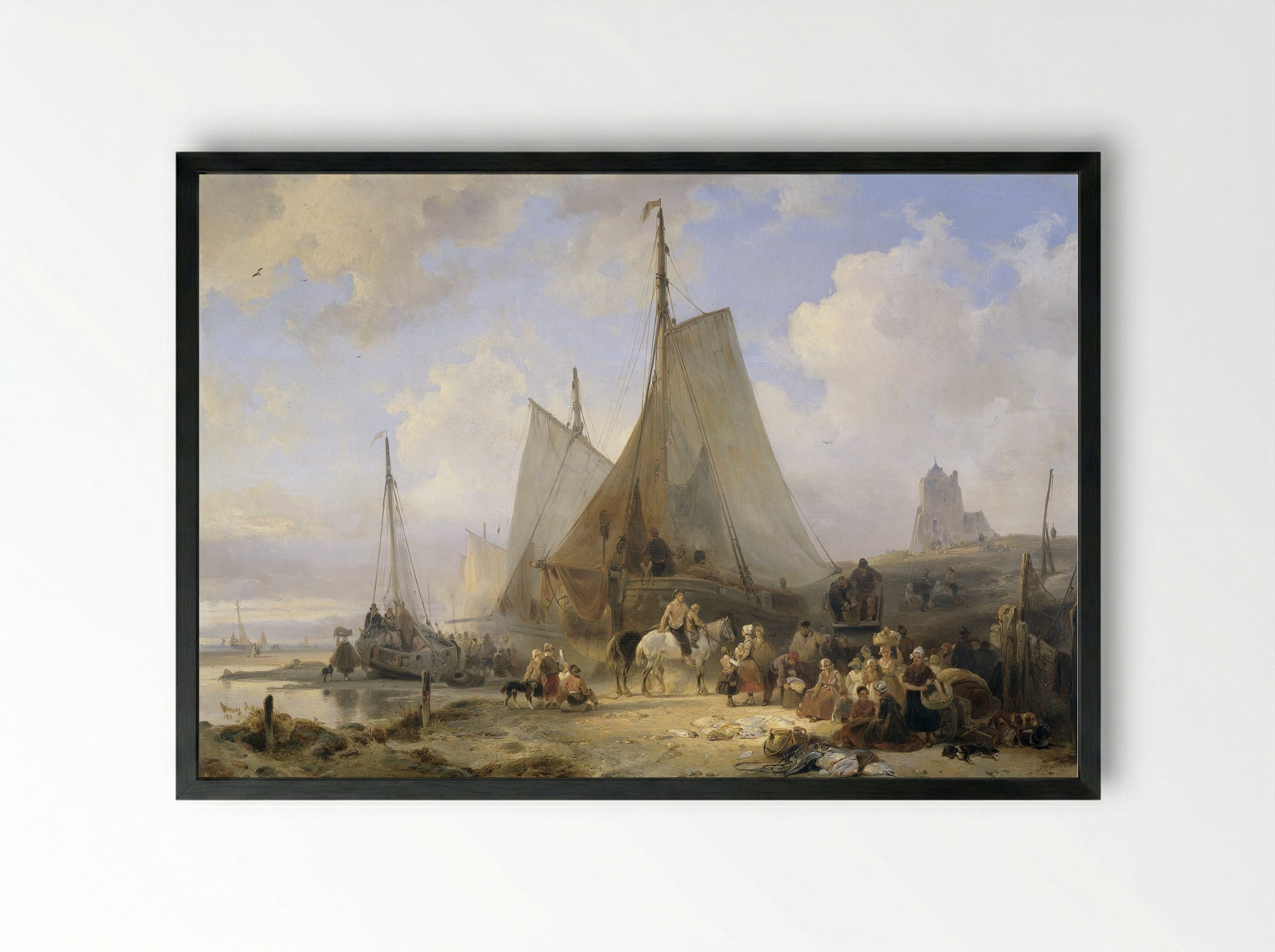 Vissersschepen op het strand met vissers en vrouwen die de vangst sorteren - Wijnand Nuijen - Framed Print Black