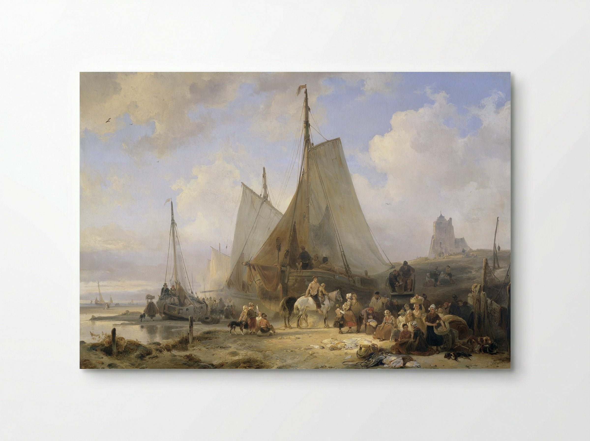 Vissersschepen op het strand met vissers en vrouwen die de vangst sorteren - Wijnand Nuijen - Poster