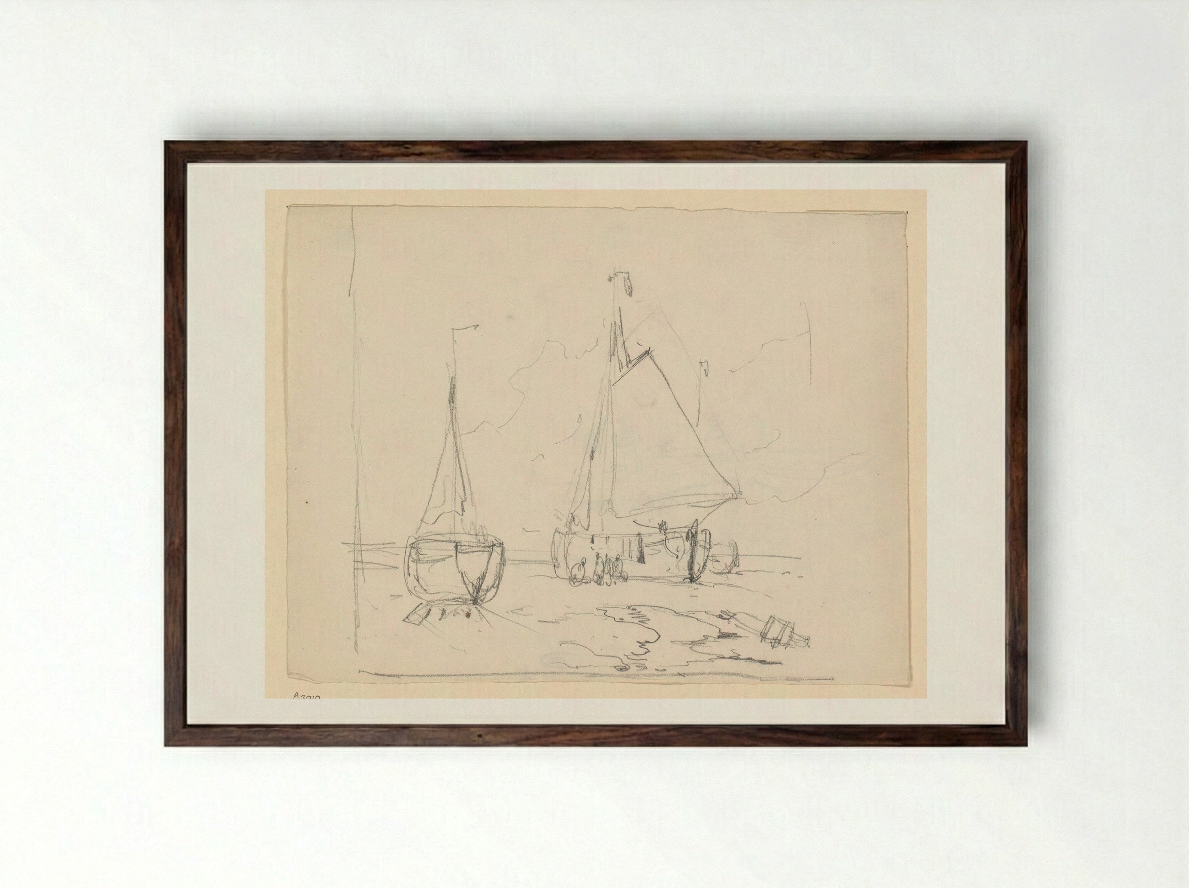 Vissersschepen op het strand - Willem Anthonie van Deventer - Framed Print Dark Wood