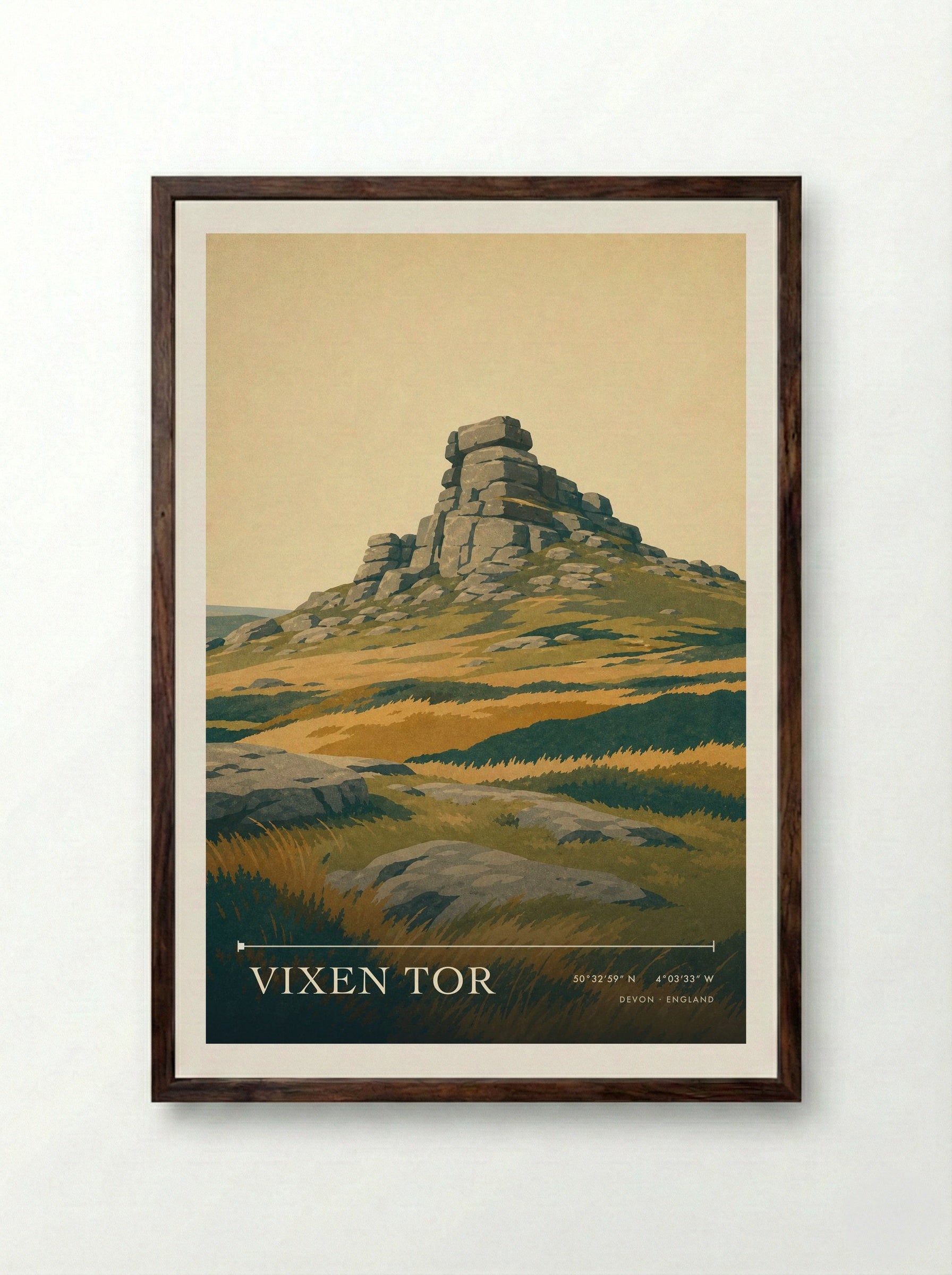 Vixen Tor Devon England Travel Poster - Framed Print Dark Wood