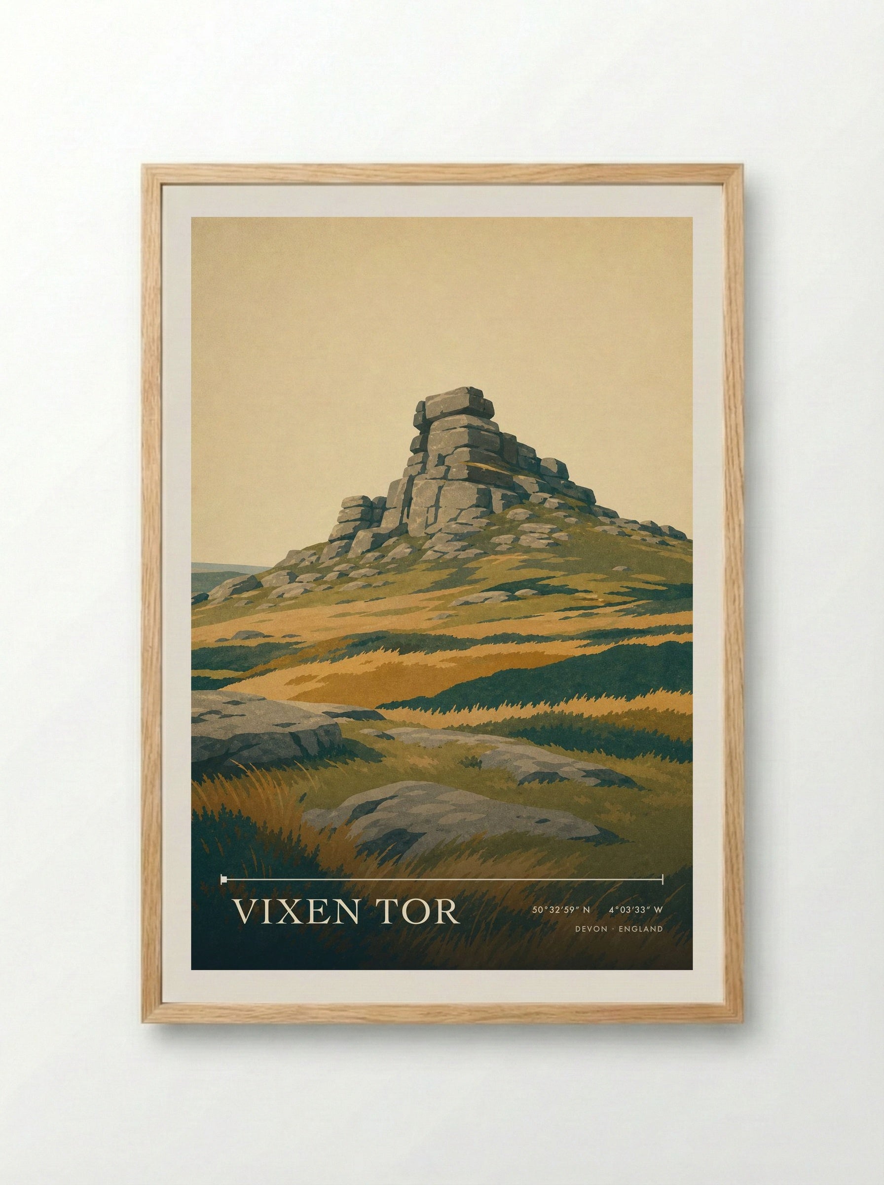 Vixen Tor Devon England Travel Poster - Framed Print Wood