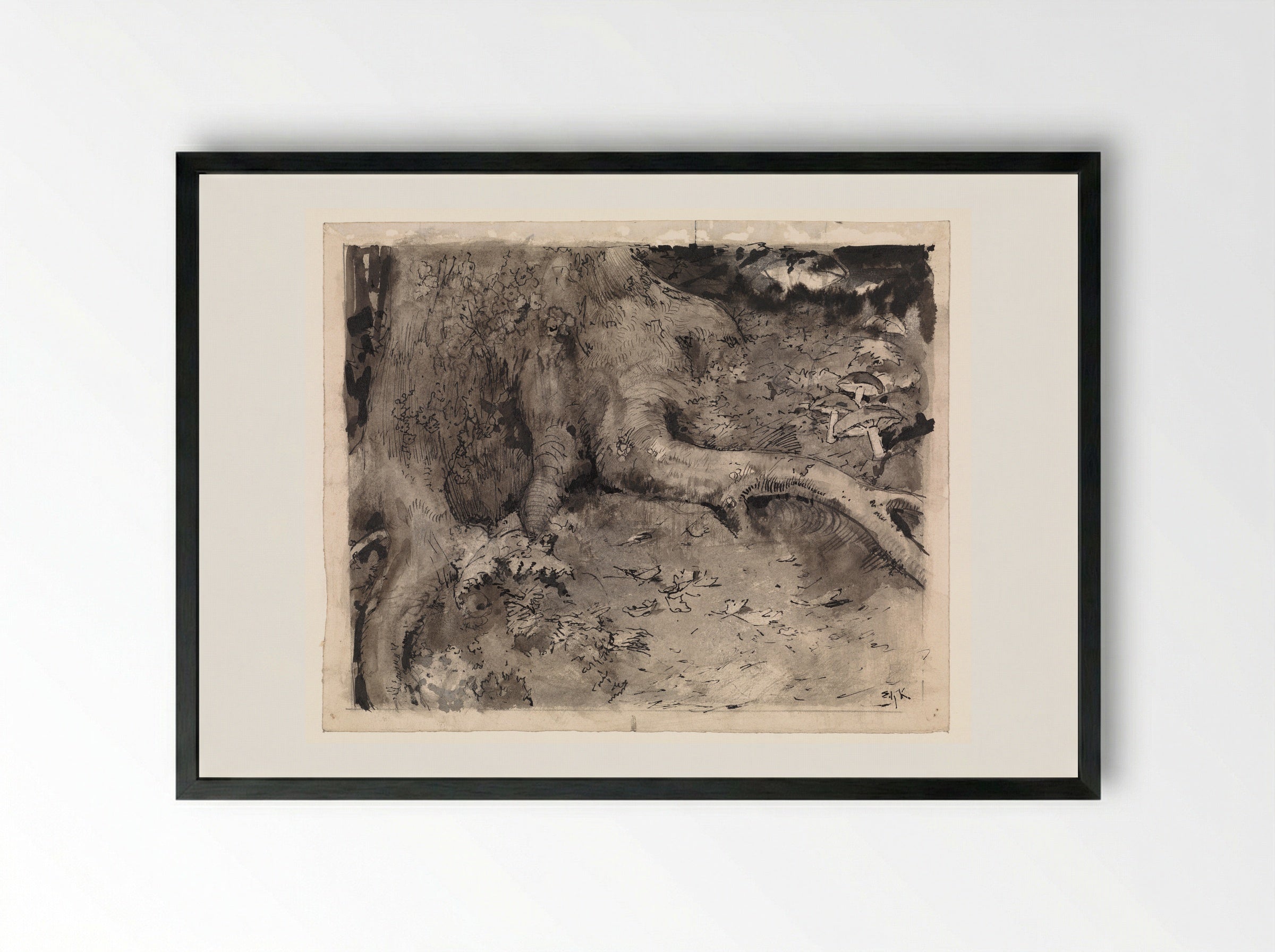 Voet van een boom met paddestoelen - Edzard Koning - Framed Print Black