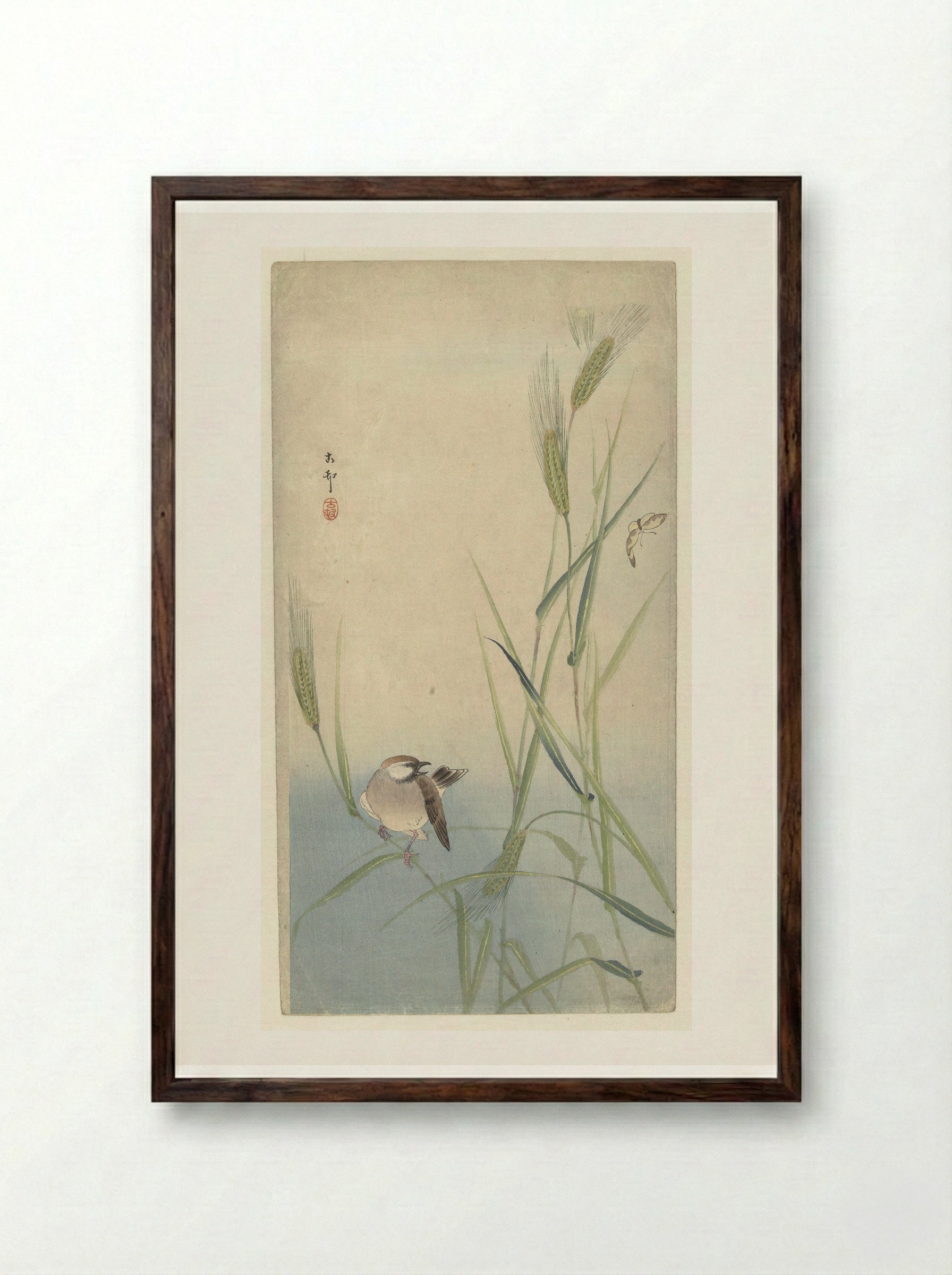 Vogel en vlinder (Bird and Butterfly) - Matsuki Heikichi - Framed Print Dark Wood