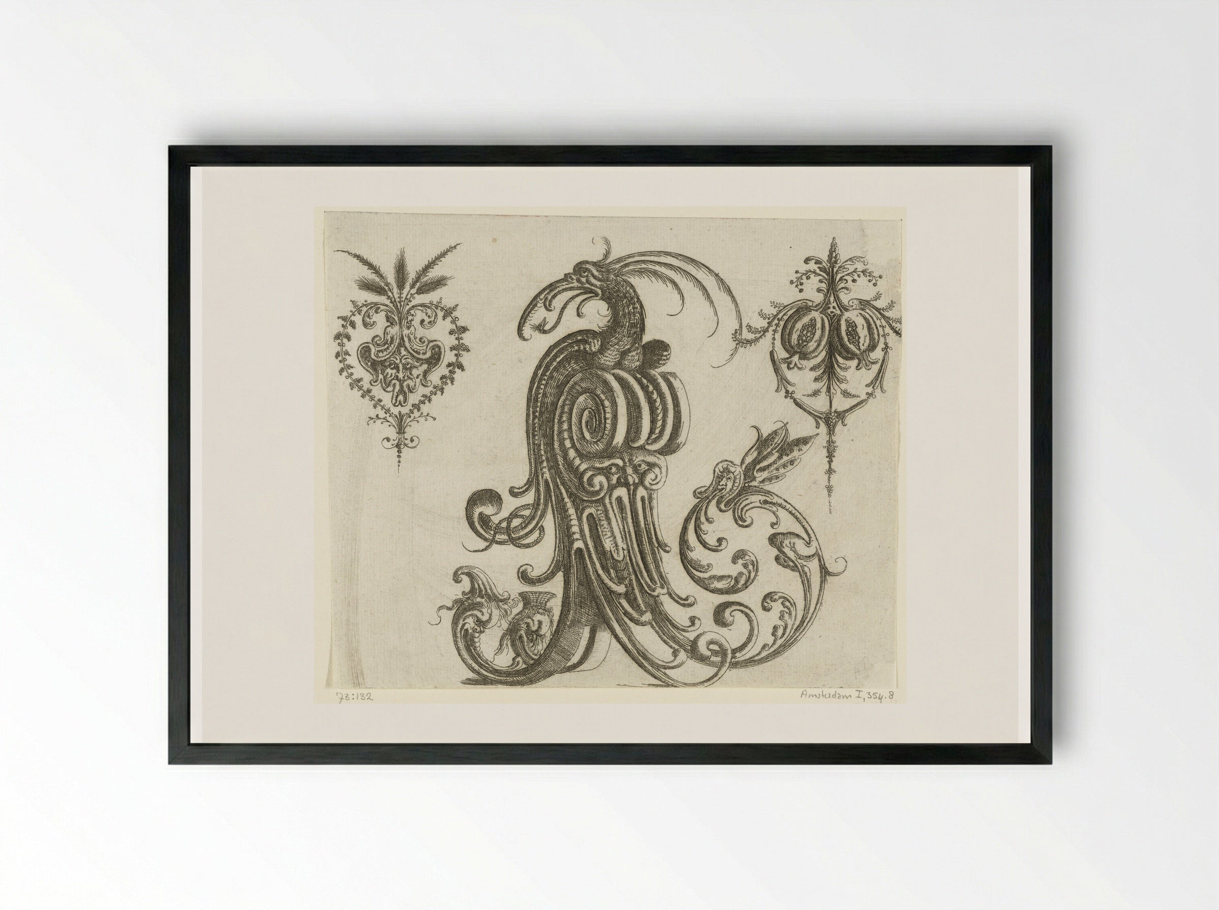 Volute with a Mascaron - Christoph Jamnitzer - Framed Print Black