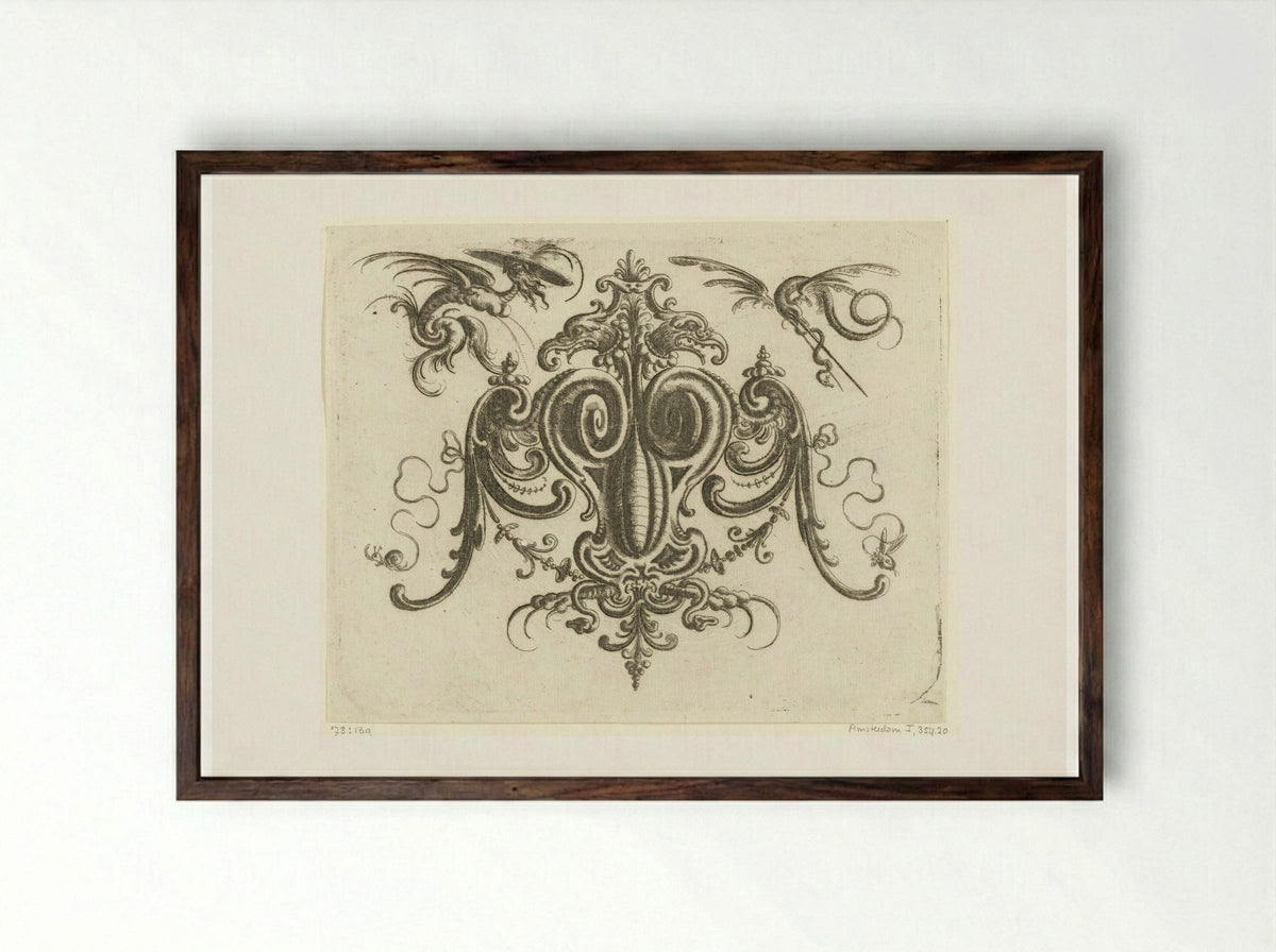 Volutes with Wings, Crowned by a Double-Headed Eagle - Christoph Jamnitzer - Framed Print Dark Wood