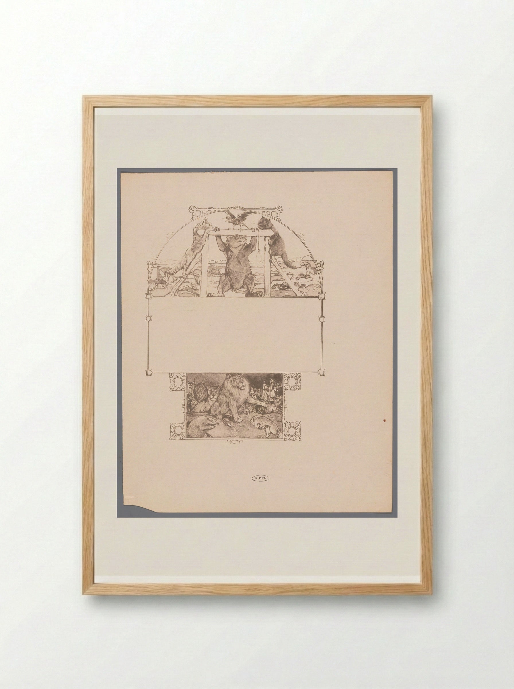 Vos (Reinaert), beer (Bruun), kat (Tybeert) en raaf (Tiecelijn) bij galg - Bernard Willem Wierink - Framed Print Wood