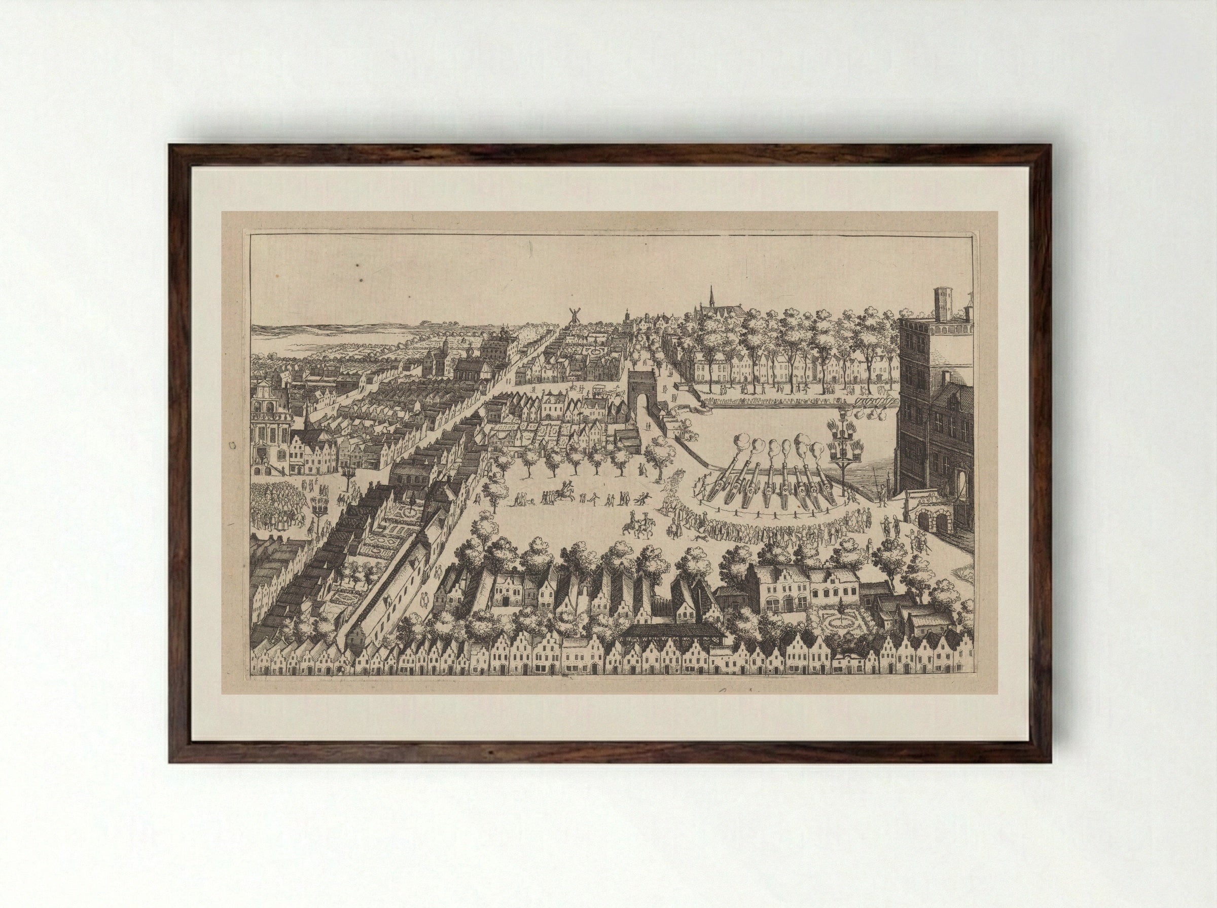 Vreugdevuren te Den Haag na de afkondiging van het bestand, 1609 - Simon Frisius - Framed Print Dark Wood